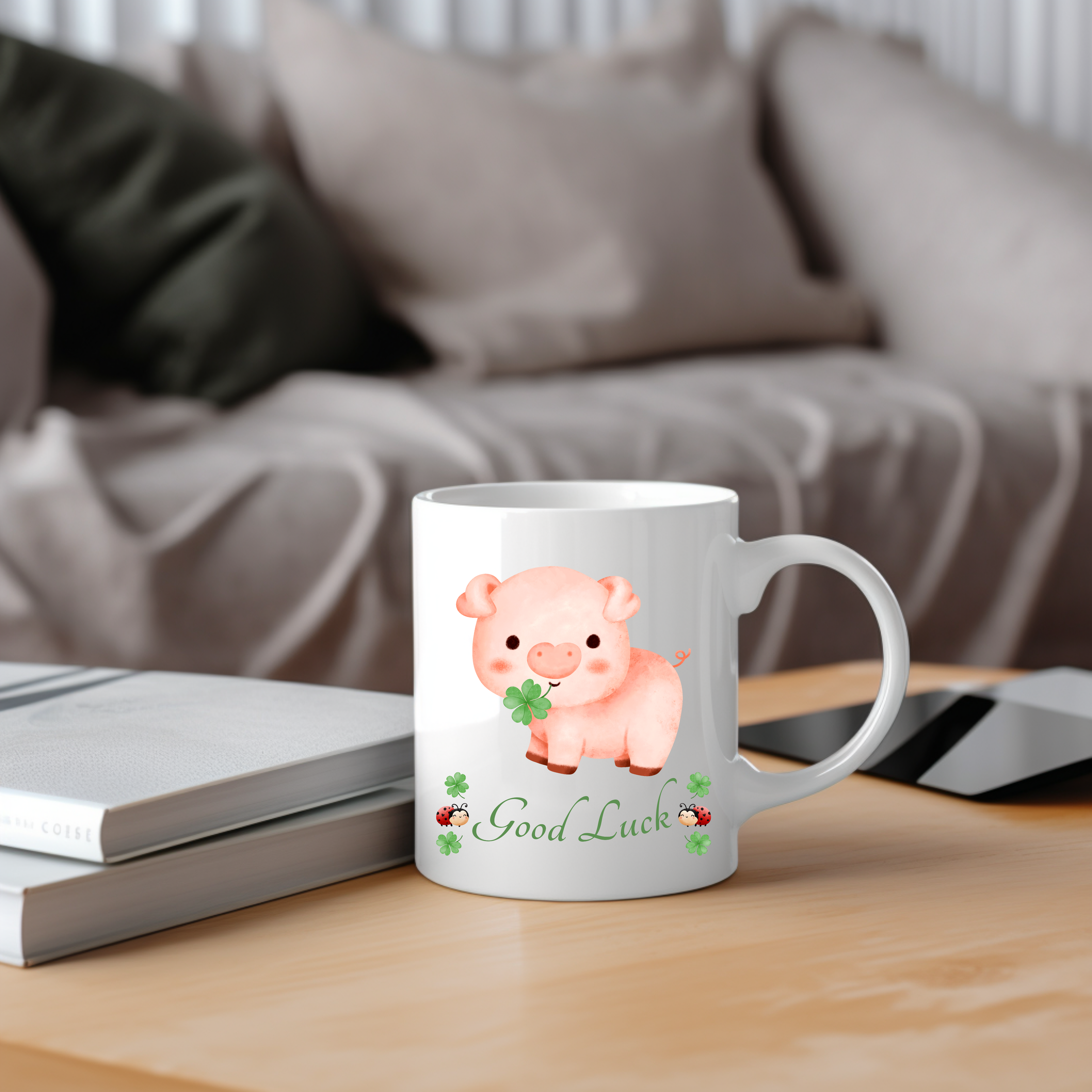 Tasse mit Glücksschwein, Good Luck, Glückstasse, Tasse mit Kleeblätter, Frühstückstasse, Marienkäfer, Viel Glück Tasse