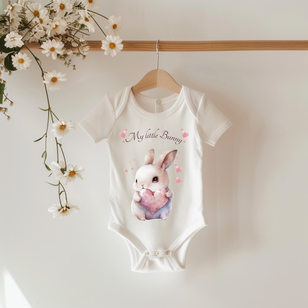 Häschen Baby Strampler mit kleinen Herzen, My little Bunny Strampler, Baby Body mit Häschen und Herz Motiv, liebevoll Babybekleidung