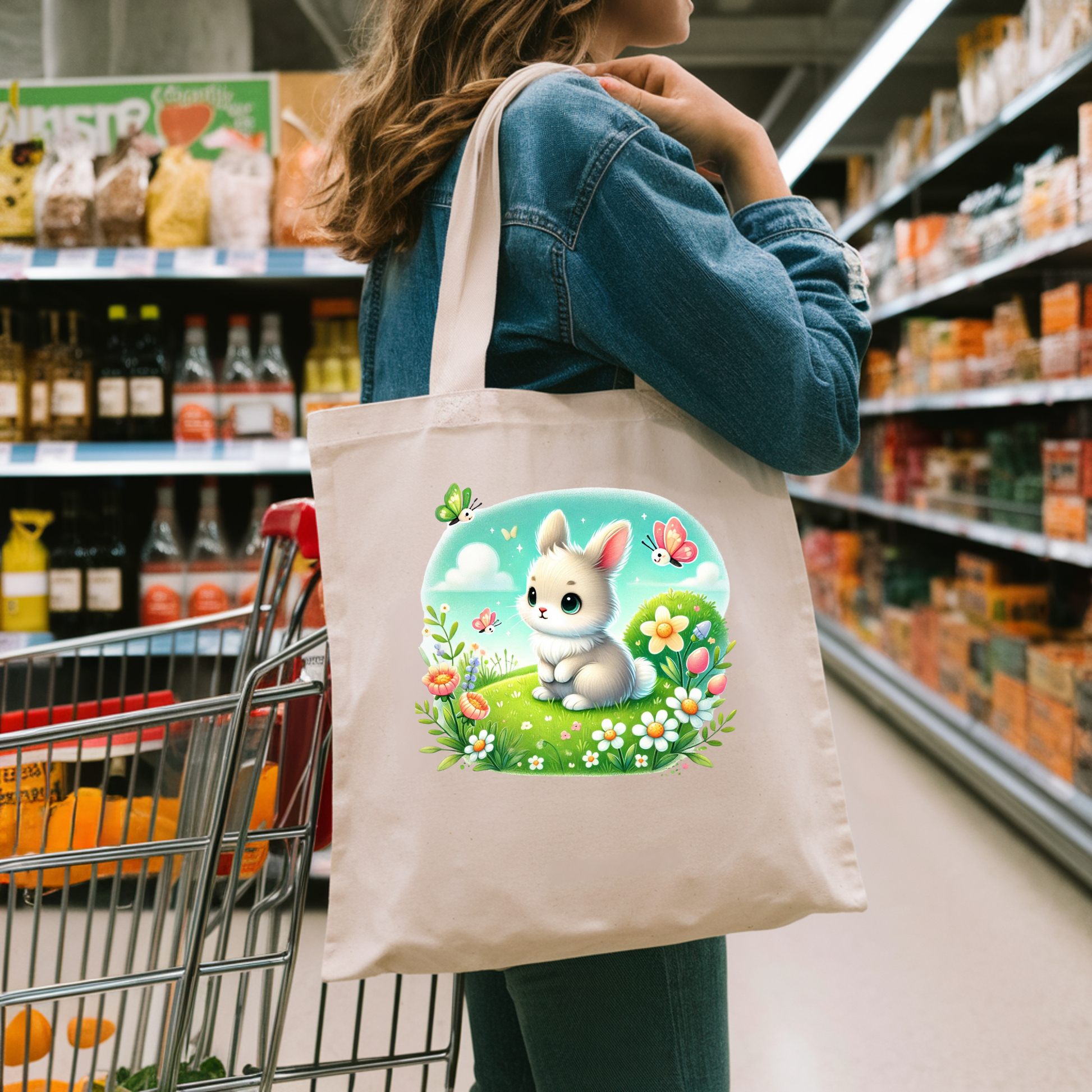 Süße Tragetasche mit weißem Frühlingshäschen, süße Häschen-Tragetasche, Tasche mit süßem Tiermotiv, praktischer Begleiter Tasche