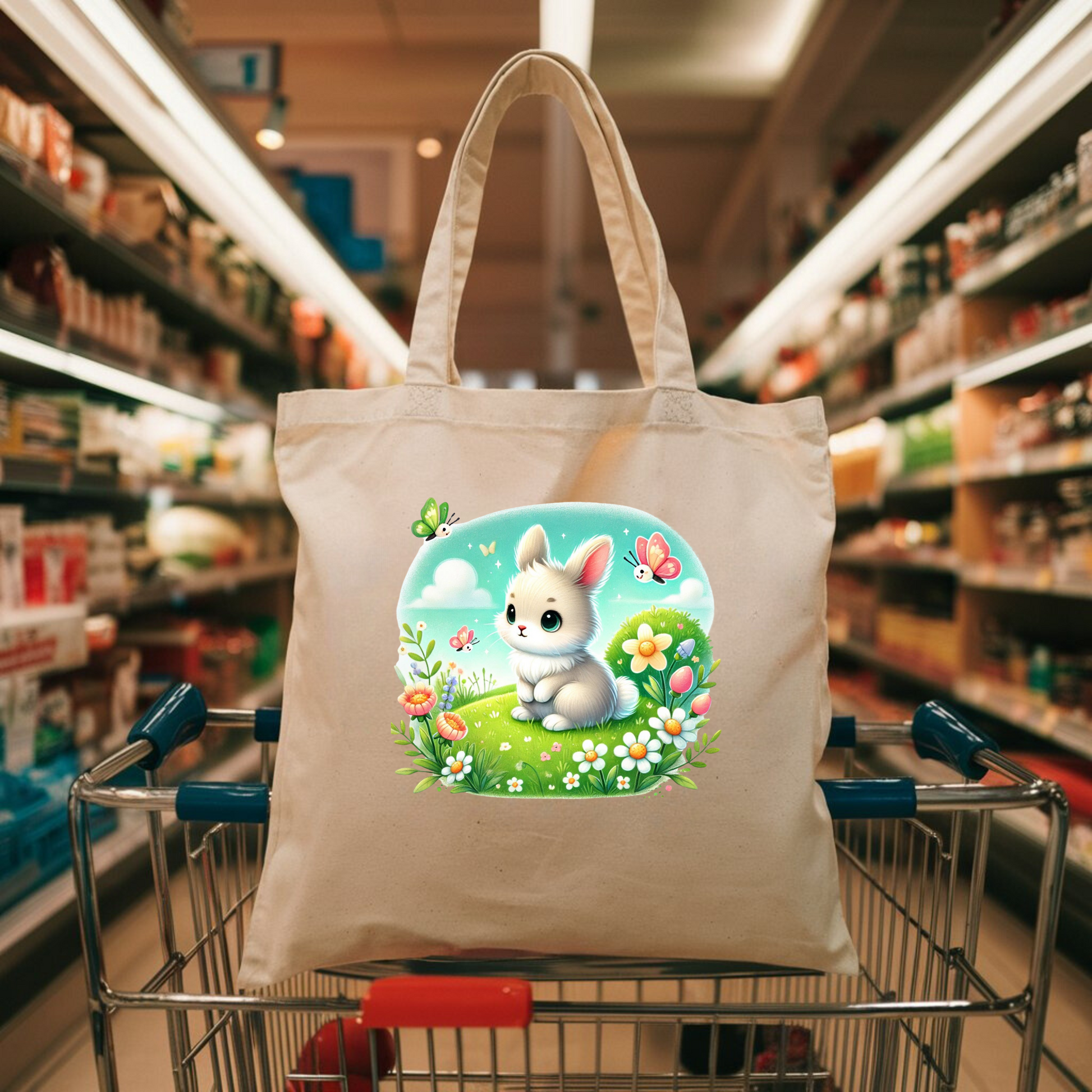 Süße Tragetasche mit weißem Frühlingshäschen, süße Häschen-Tragetasche, Tasche mit süßem Tiermotiv, praktischer Begleiter Tasche