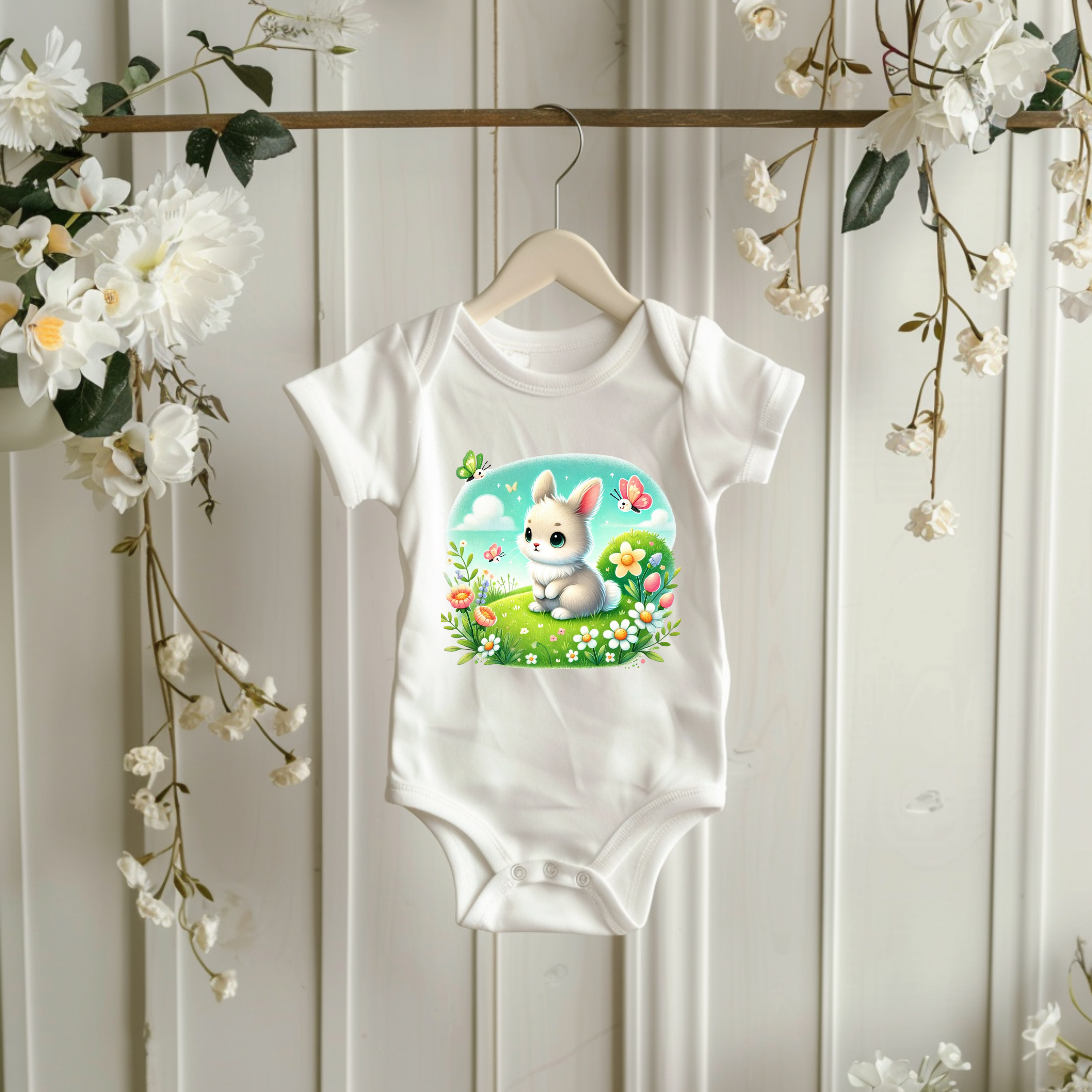 Hinreißender Baby-Strampler mit niedlichen Frühlingshäschen, süßes Geschenk Baby, Strampler mit niedlichen Frühlingshäschen
