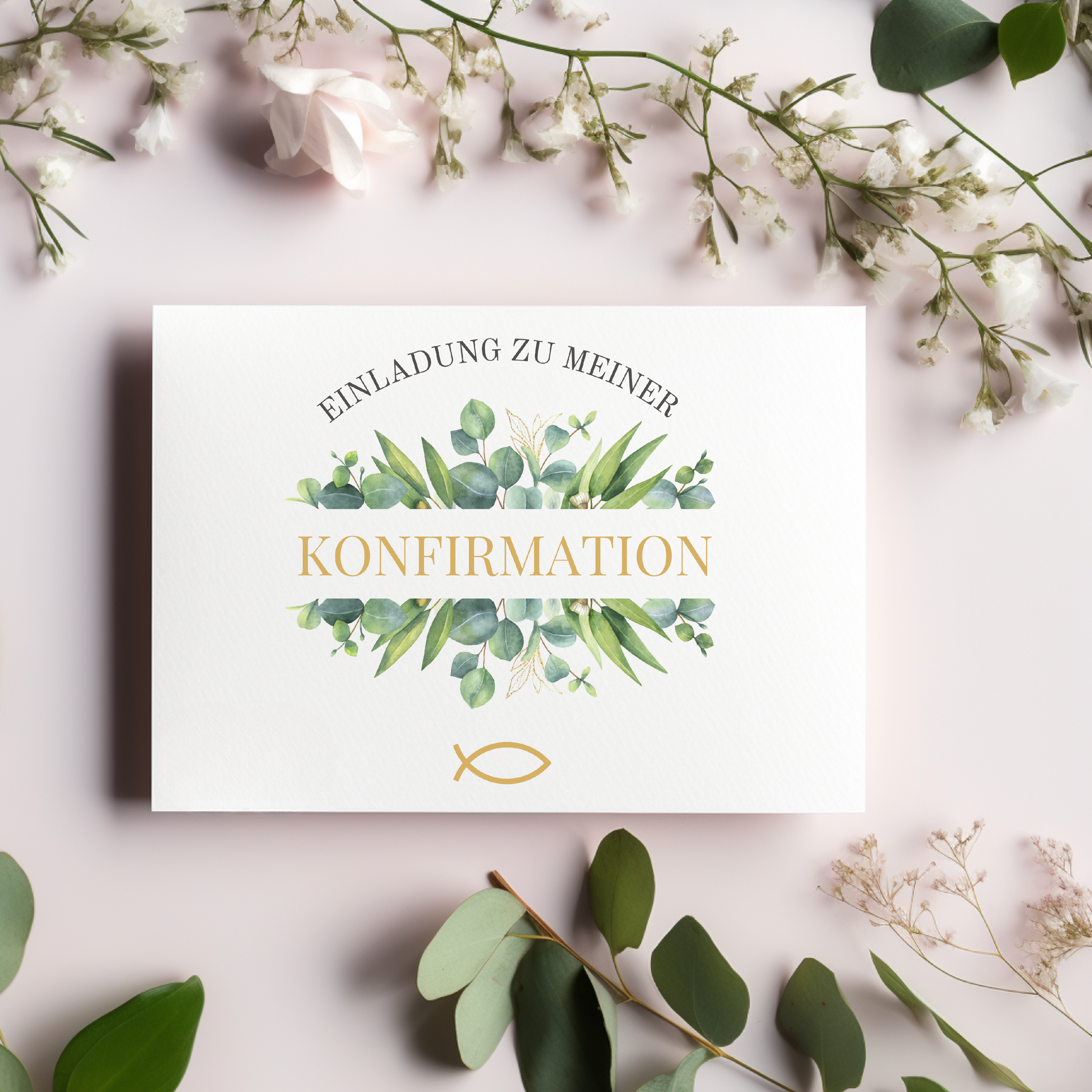 Elegantes Einladungskarten-Set zur Konfirmation, Einladung zur Konfirmation, Einladungstext auf der Innenseite, christliches Symbol Fisch