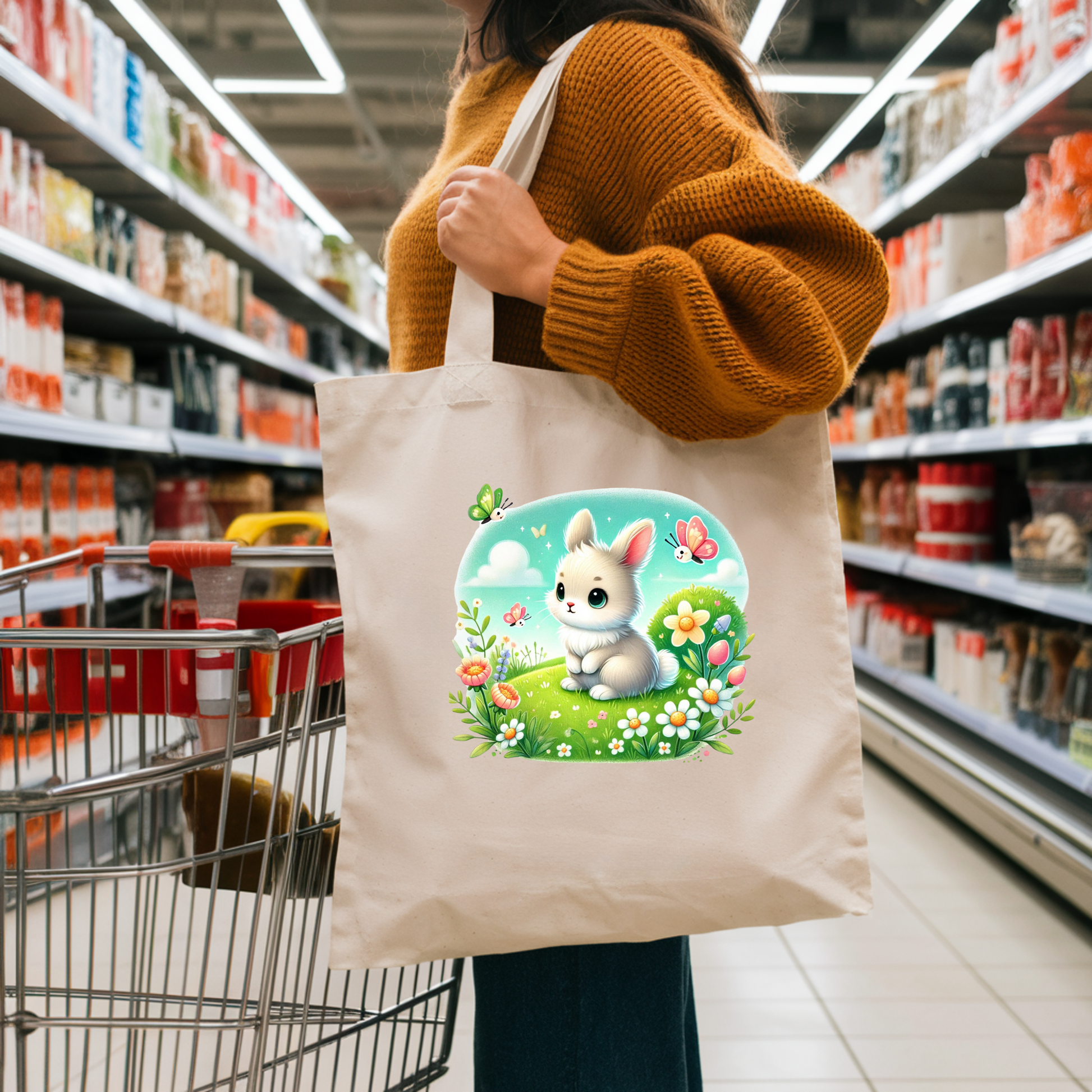 Süße Tragetasche mit weißem Frühlingshäschen, süße Häschen-Tragetasche, Tasche mit süßem Tiermotiv, praktischer Begleiter Tasche