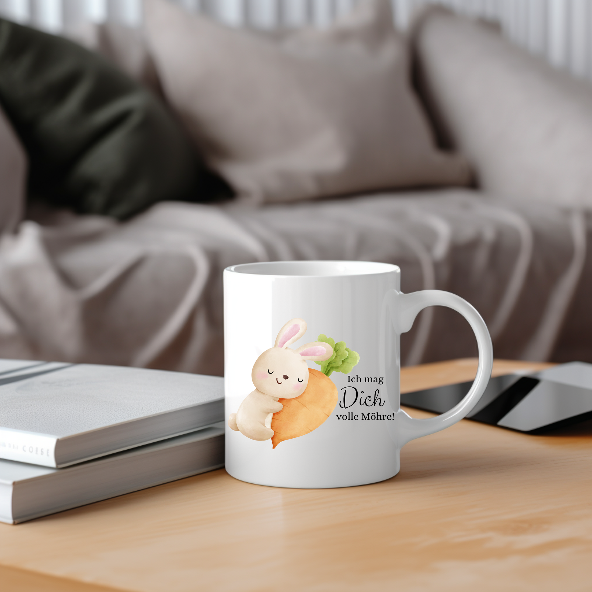 Zauberhafte Häschen Tasse mit liebevoller Botschaft, Ich mag Dich volle Möhre Tasse, perfekte Geschenkidee Tasse, süße Frühstückstasse