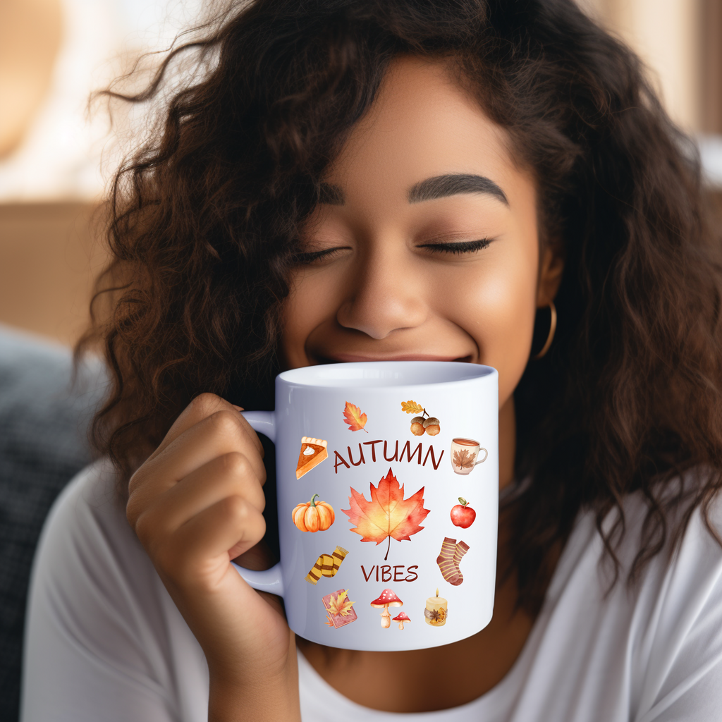 Schöne Autumn Vibes-Keramiktasse, Frühstückstasse, Herbst Tasse, stimmungsvolles Lebensgefühl, herbstliche Szene, liebevolle Illustrationen