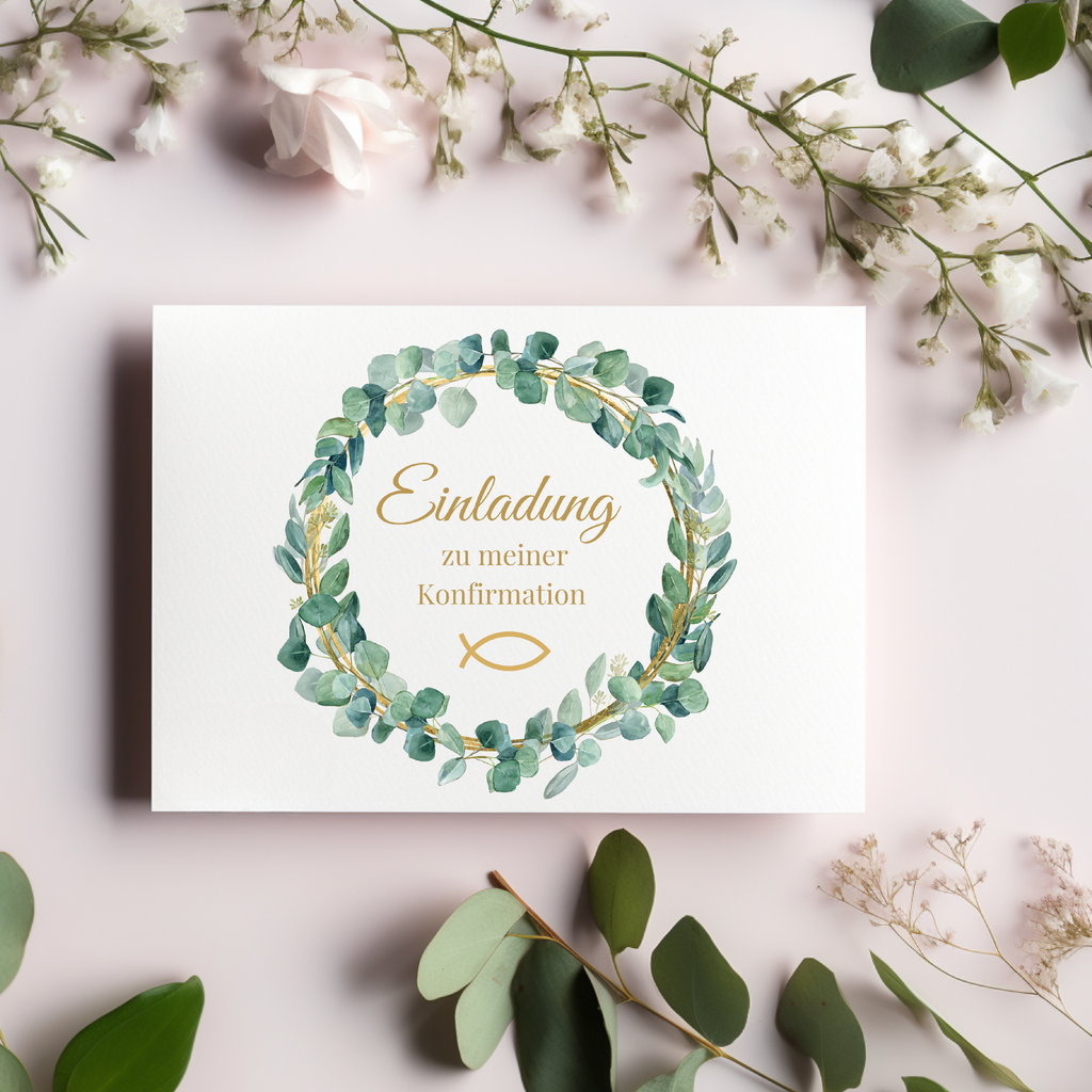 Moderne Konfirmationseinladungen, hochwertiges Einladungskarten-Set Konfirmation, christliche Symbolik, Einladungstext auf der Innenseite