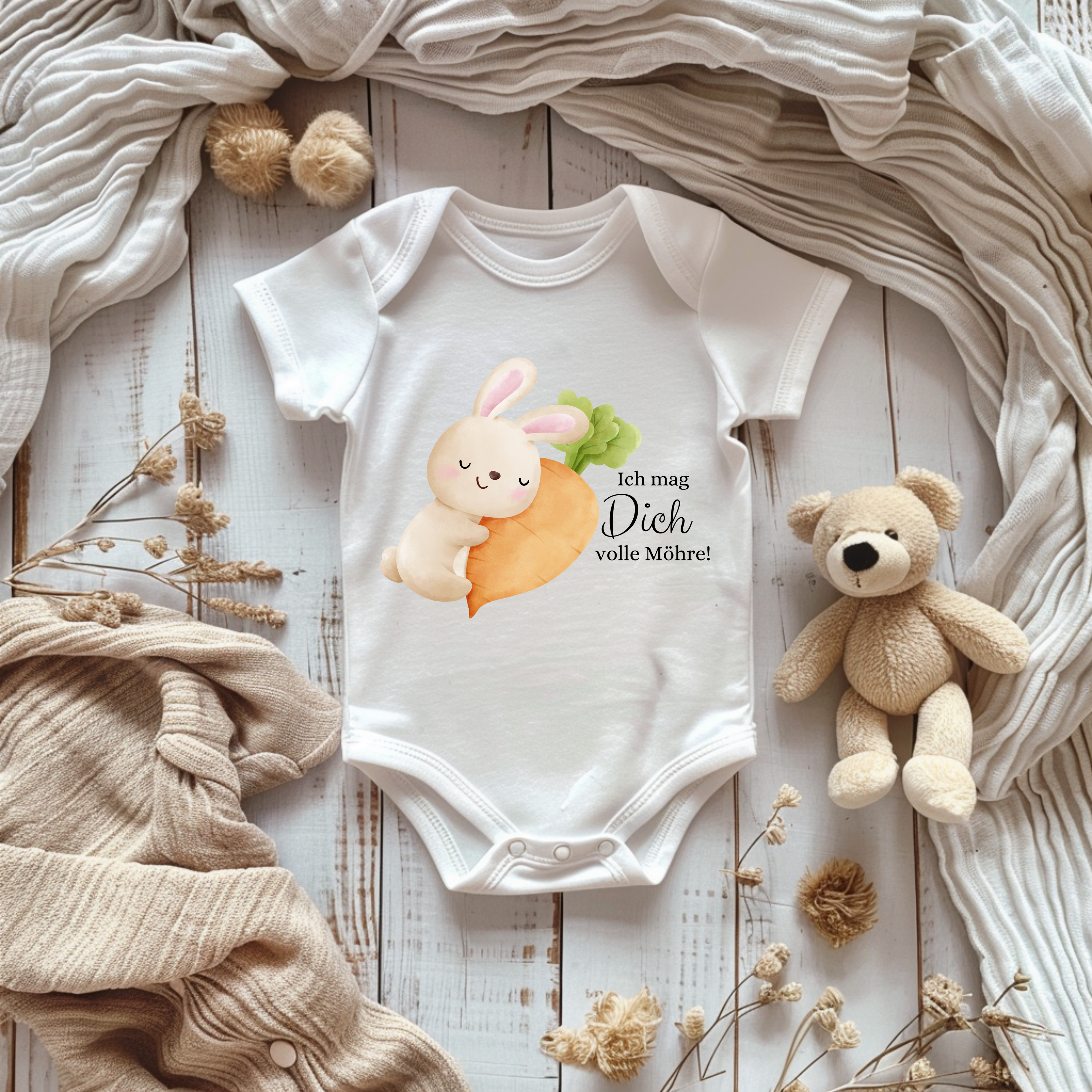 Süßer Baby Strampler mit niedlichen Hasen und Möhre, Ich mag Dich volle Möhre-Strampler, originelles Geschenk Baby, Strampler mit charmanter Botschaft