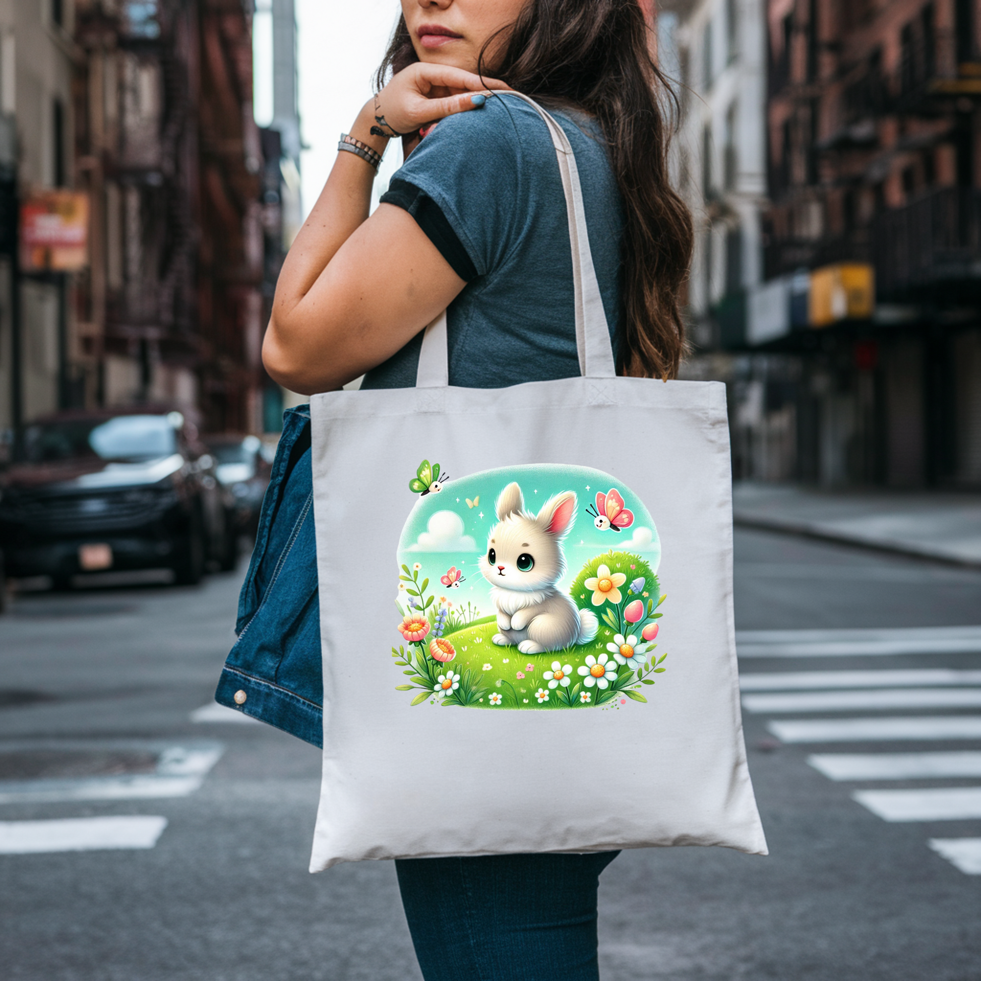 Süße Tragetasche mit weißem Frühlingshäschen, süße Häschen-Tragetasche, Tasche mit süßem Tiermotiv, praktischer Begleiter Tasche