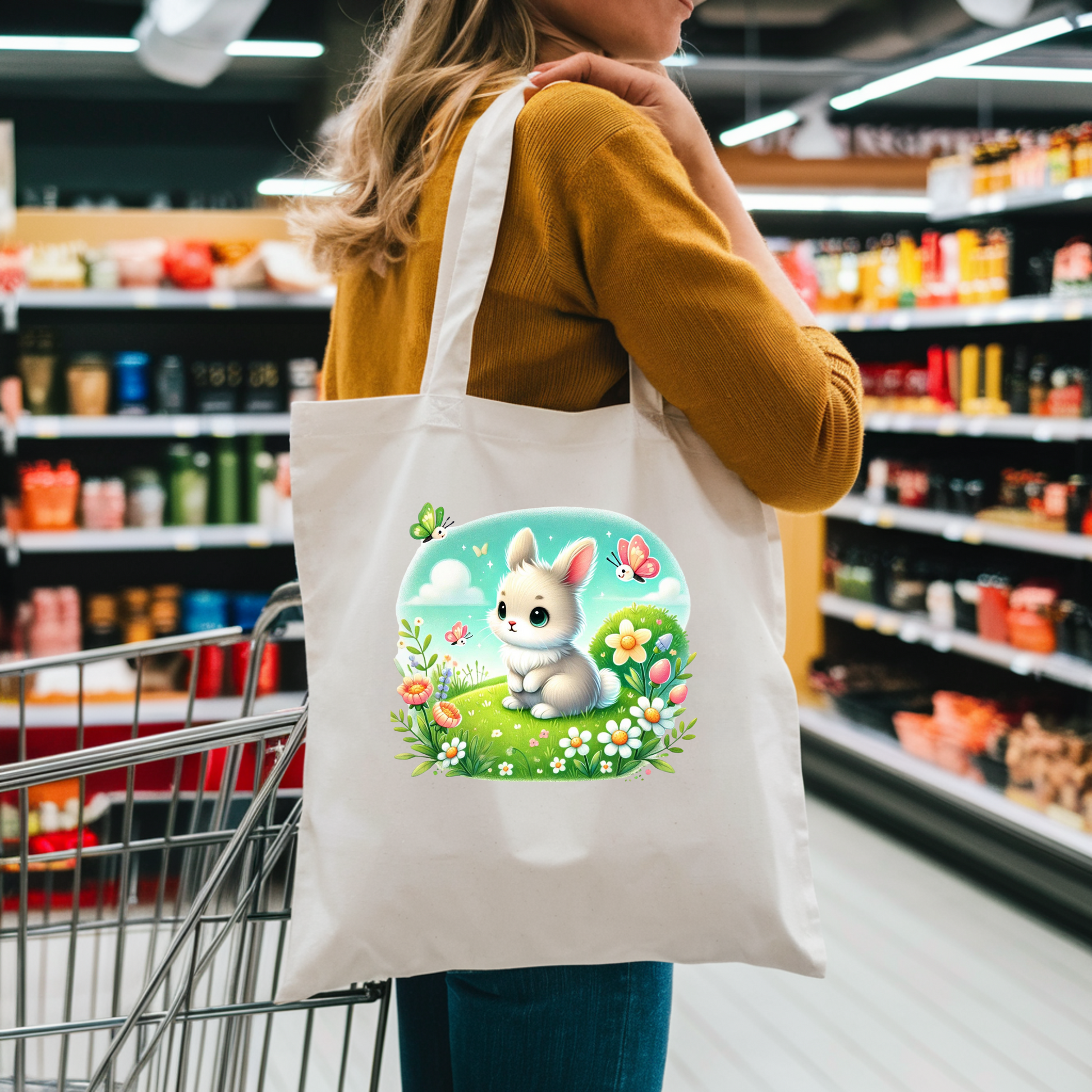 Süße Tragetasche mit weißem Frühlingshäschen, süße Häschen-Tragetasche, Tasche mit süßem Tiermotiv, praktischer Begleiter Tasche