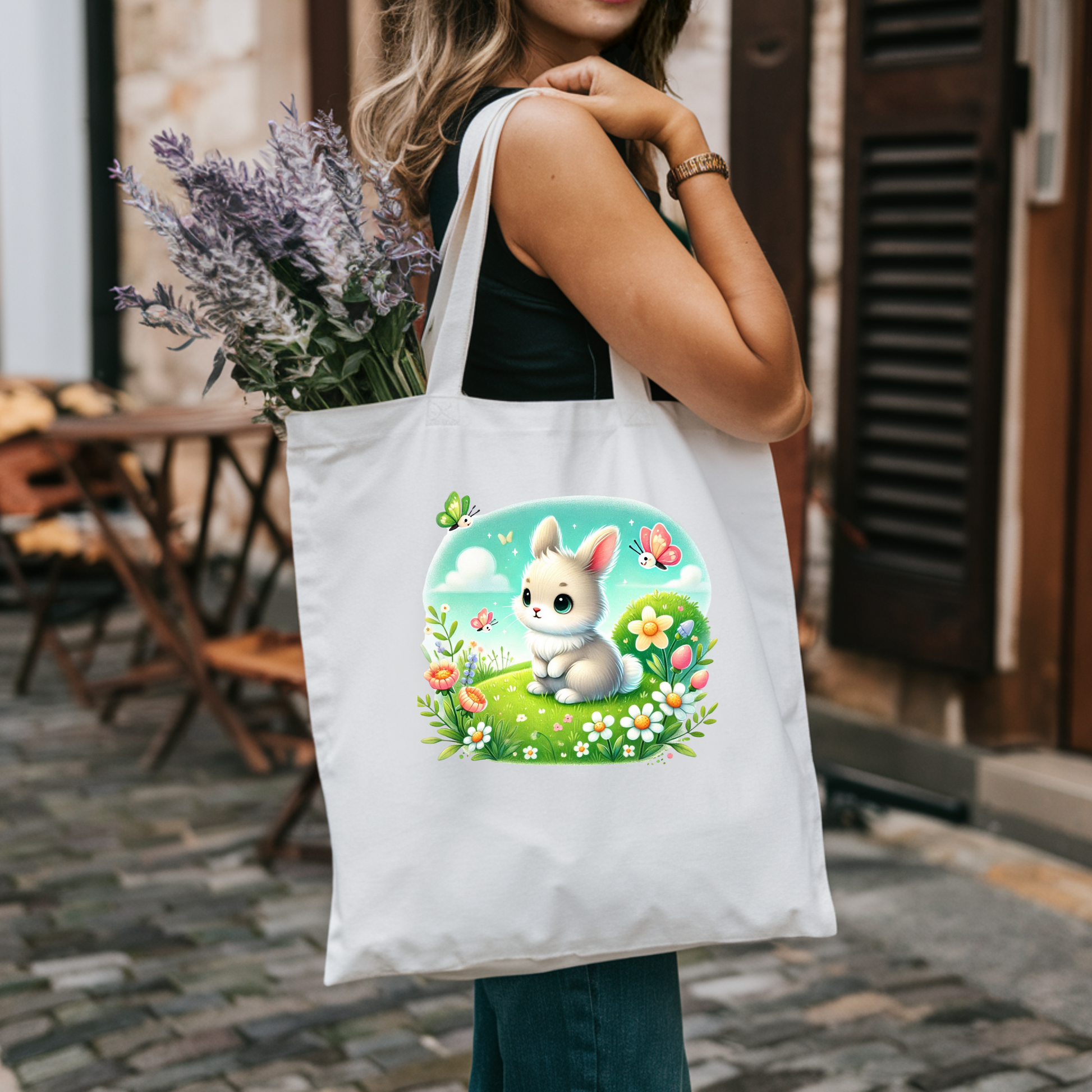 Süße Tragetasche mit weißem Frühlingshäschen, süße Häschen-Tragetasche, Tasche mit süßem Tiermotiv, praktischer Begleiter Tasche