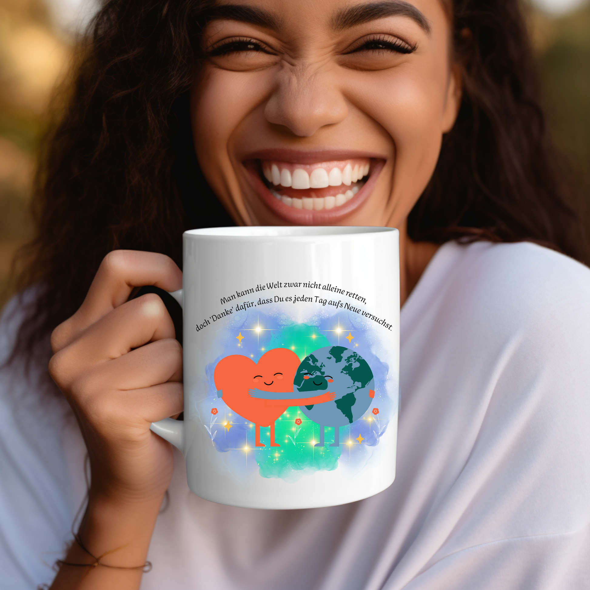 Liebevolle Tasse für Weltretter, schöne Danke-Tasse, inspirierende Botschaft, Geschenk für Alltagshelden, Herz und Weltkugel