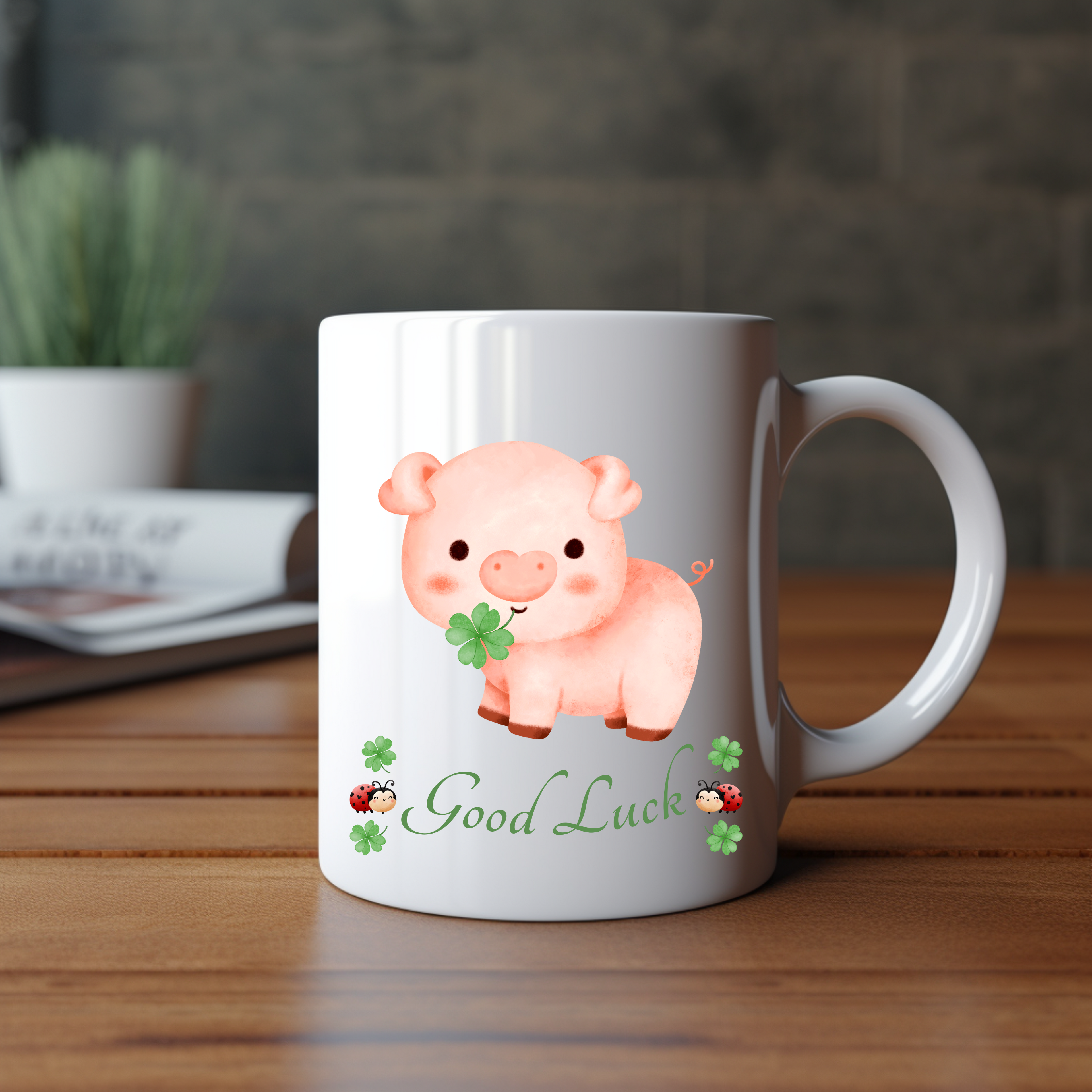 Tasse mit Glücksschwein, Good Luck, Glückstasse, Tasse mit Kleeblätter, Frühstückstasse, Marienkäfer, Viel Glück Tasse