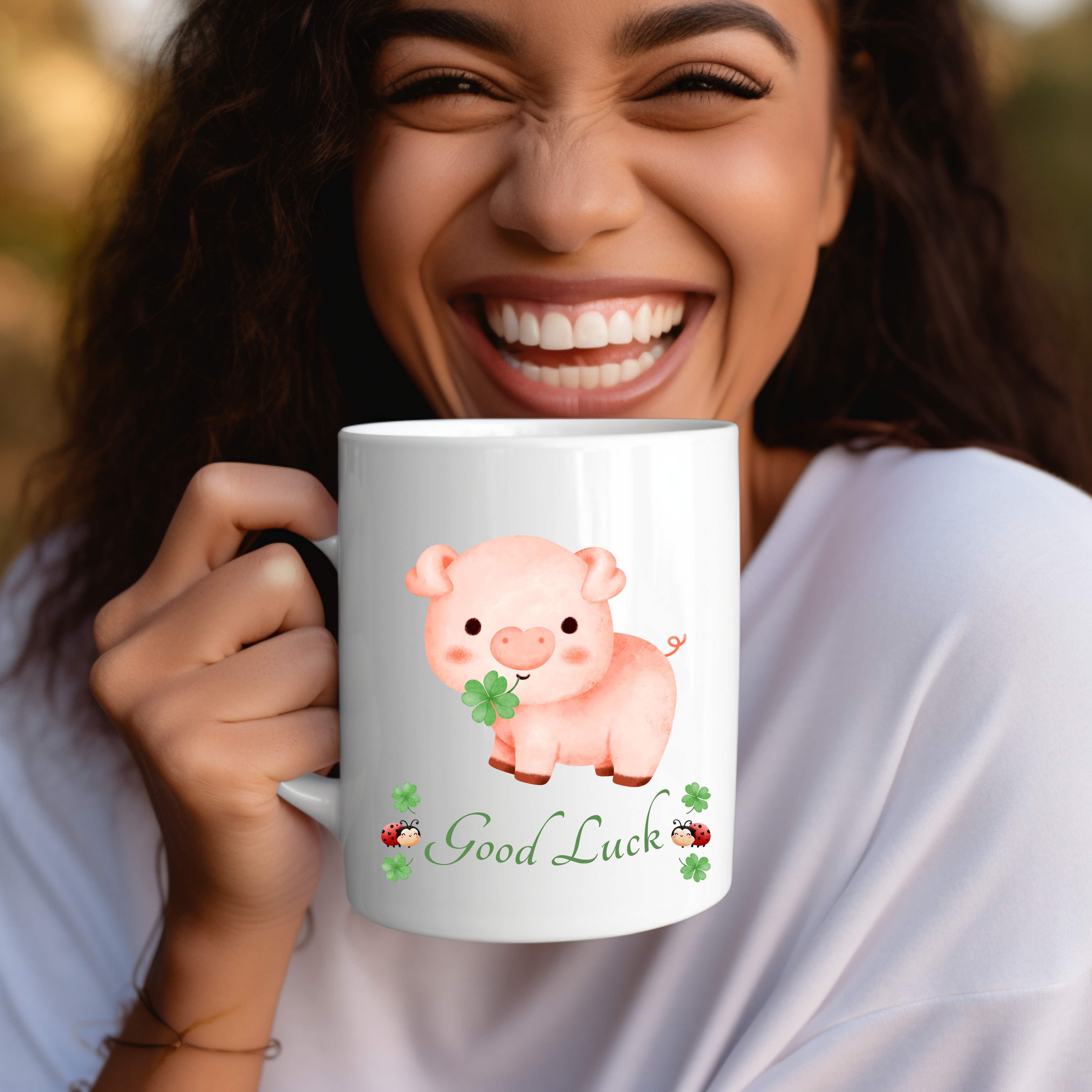 Tasse mit Glücksschwein, Good Luck, Glückstasse, Tasse mit Kleeblätter, Frühstückstasse, Marienkäfer, Viel Glück Tasse