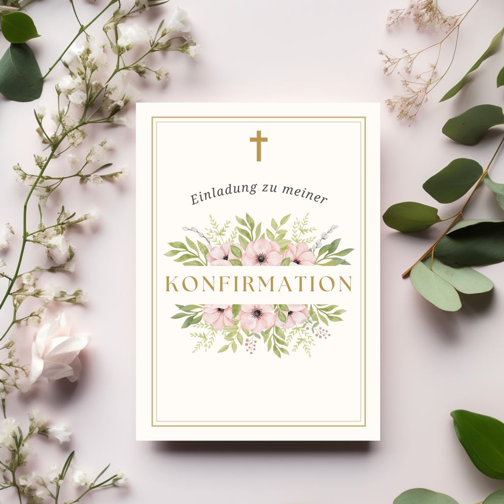 Stilvolles Einladungskarten-Set Konfirmation, schöne Einladungskarten zur Konfirmation, florales Design, Einladungstext auf der Innenseite