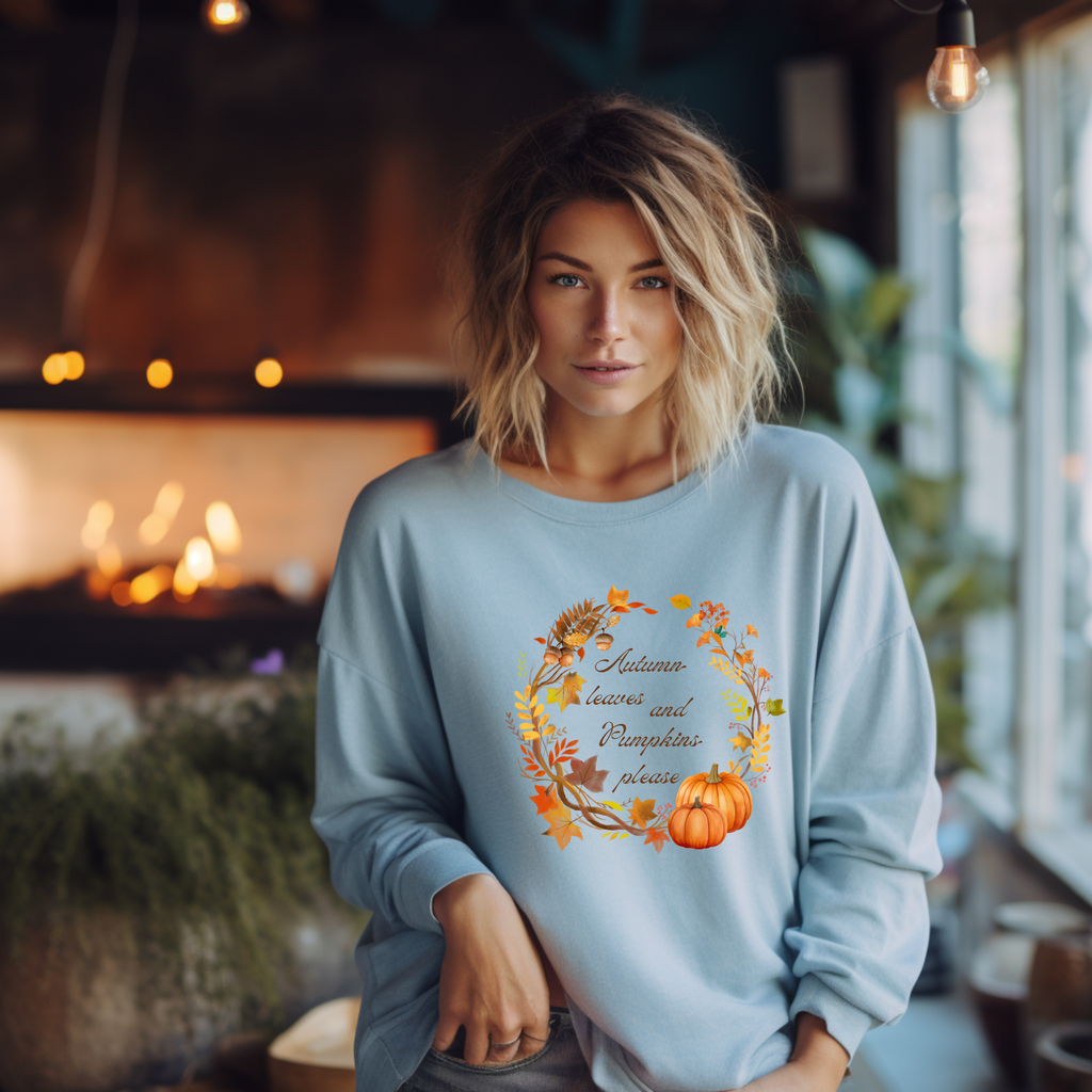 Herbst Sweatshirt Autumn Leaves and Pumpkins Please, herbstlicher Look, trendige Sweatshirt Herbst, Herbstliebhaber Sweatshirt, Herbstgefühl