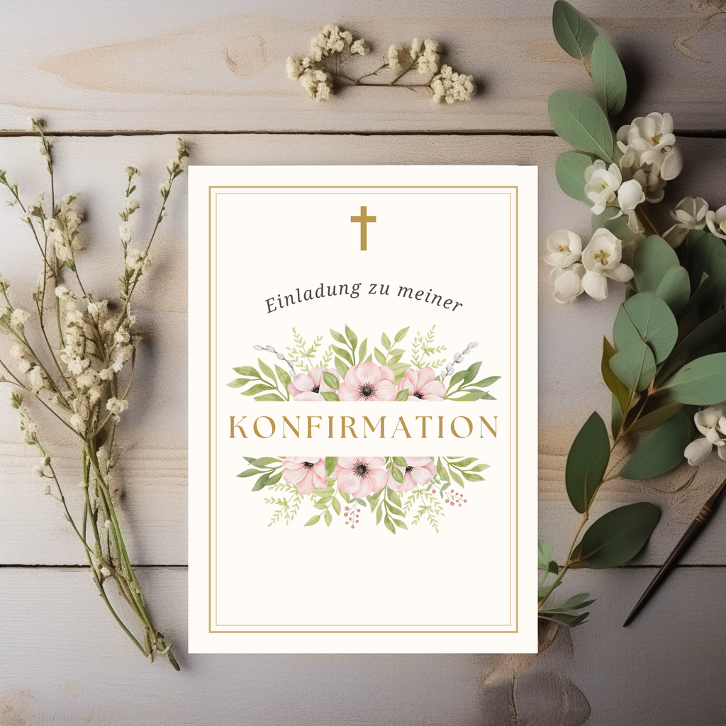 Stilvolles Einladungskarten-Set Konfirmation, schöne Einladungskarten zur Konfirmation, florales Design, Einladungstext auf der Innenseite