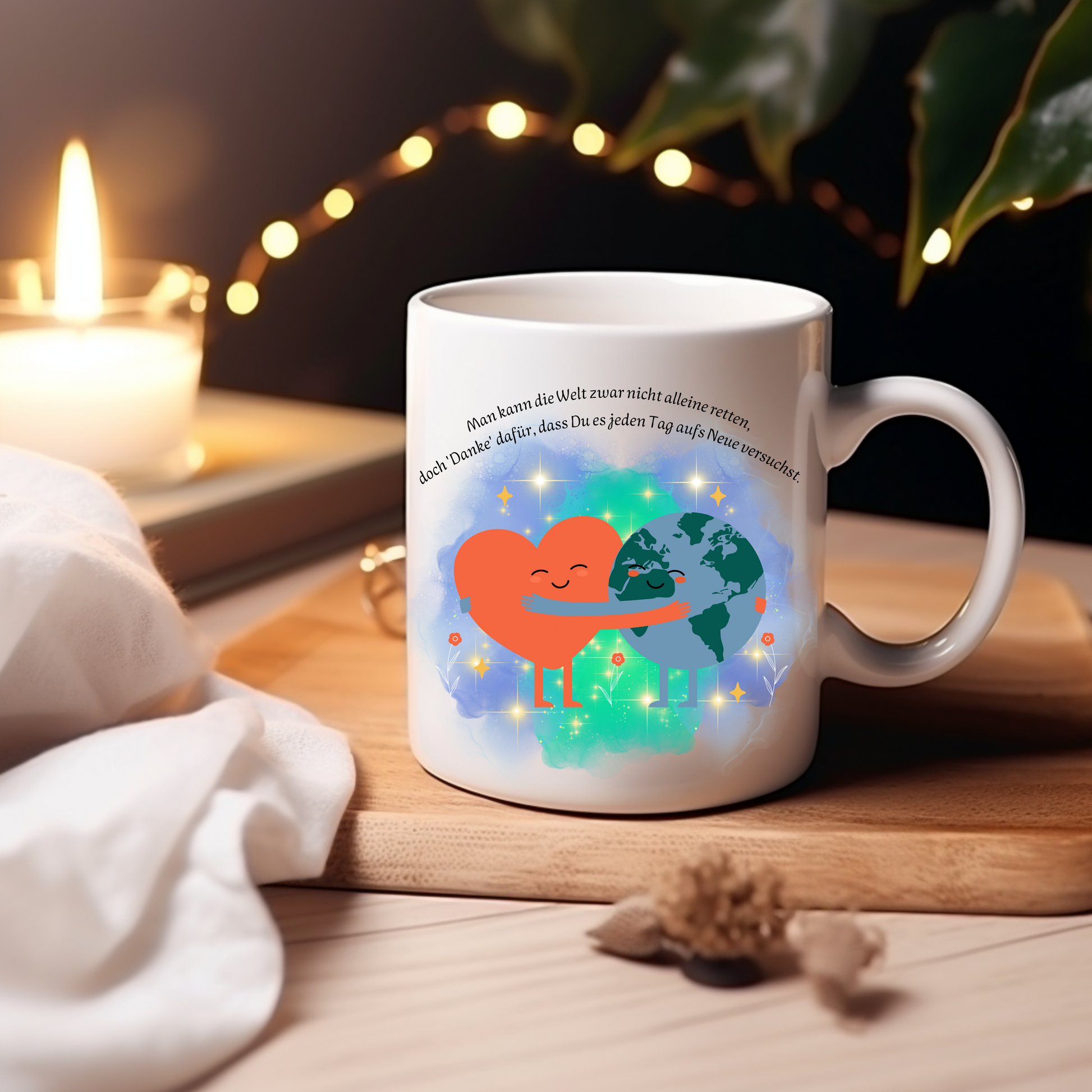 Liebevolle Tasse für Weltretter, schöne Danke-Tasse, inspirierende Botschaft, Geschenk für Alltagshelden, Herz und Weltkugel