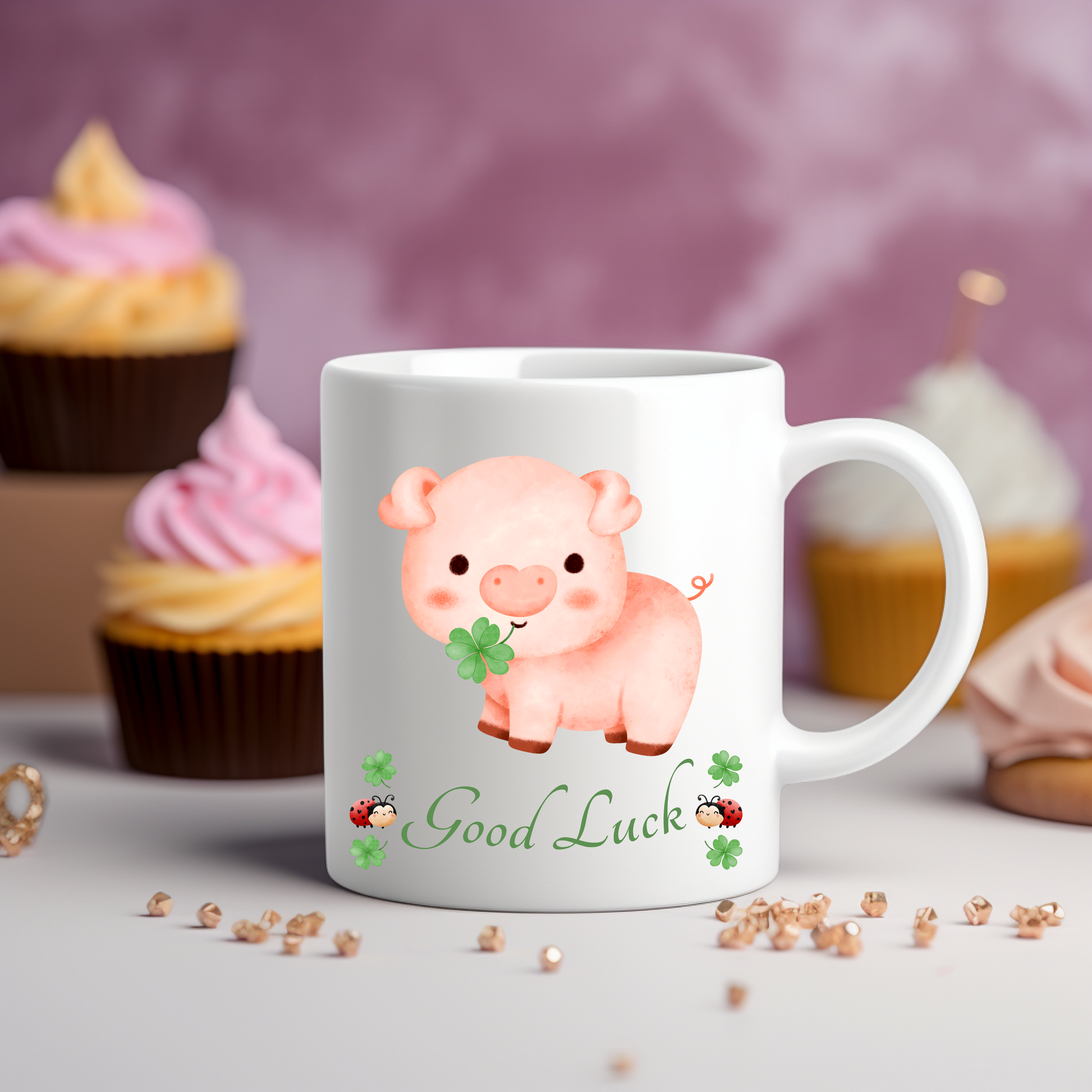 Tasse mit Glücksschwein, Good Luck, Glückstasse, Tasse mit Kleeblätter, Frühstückstasse, Marienkäfer, Viel Glück Tasse