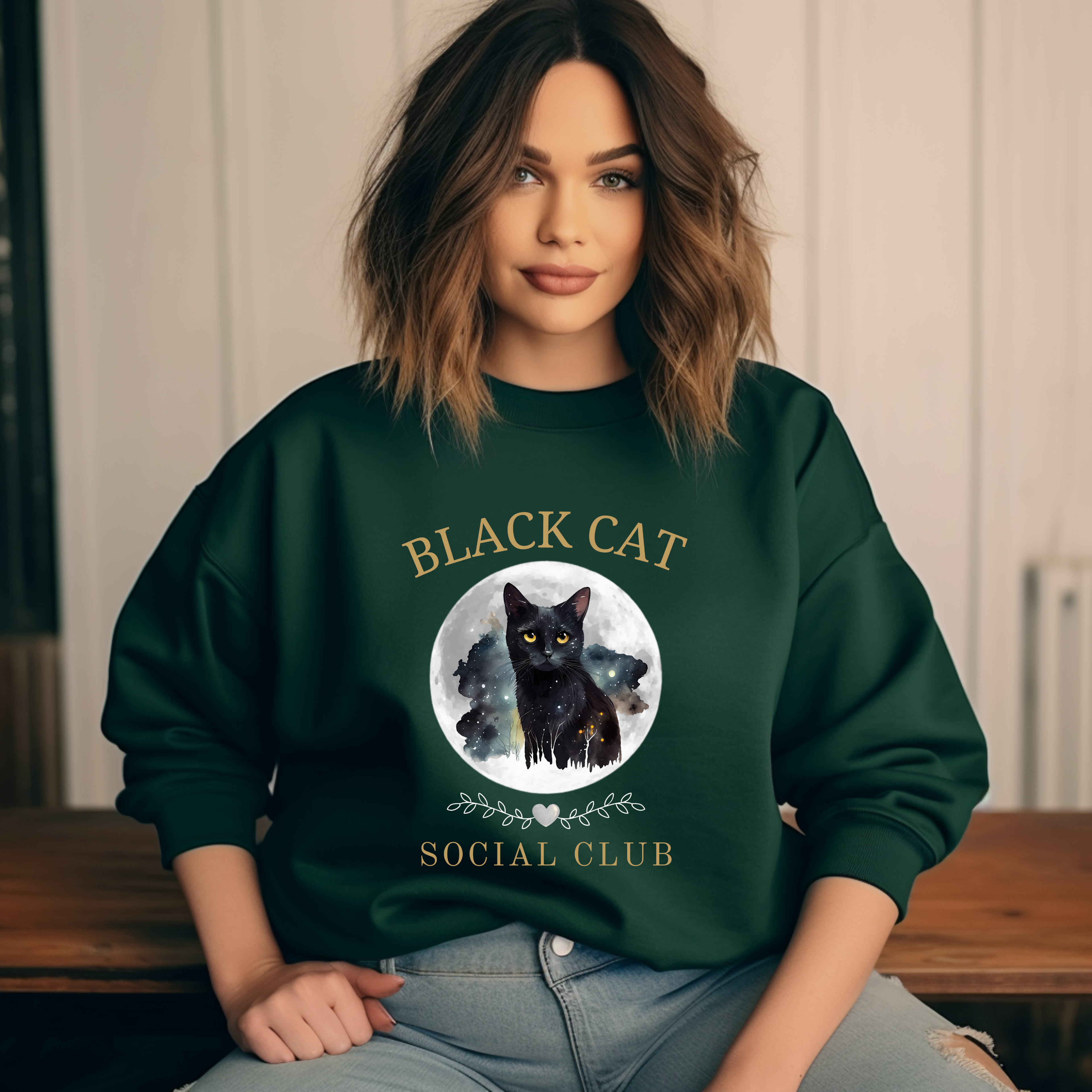 Exklusives Black Cat Social Club Sweatshirt, mystische Katzen Sweatshirt, Halloween Sweatshirt mit Katze, Must-Have für Katzenliebhaber
