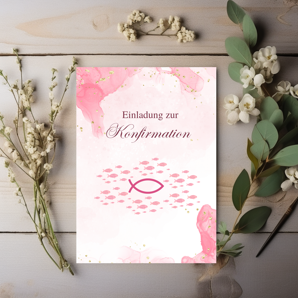 Schöne Konfirmationseinladungen in rosa Optik, schöne Einladungskarten-Set Konfirmation, Einladung zur Konfirmation, christliche Symbolik