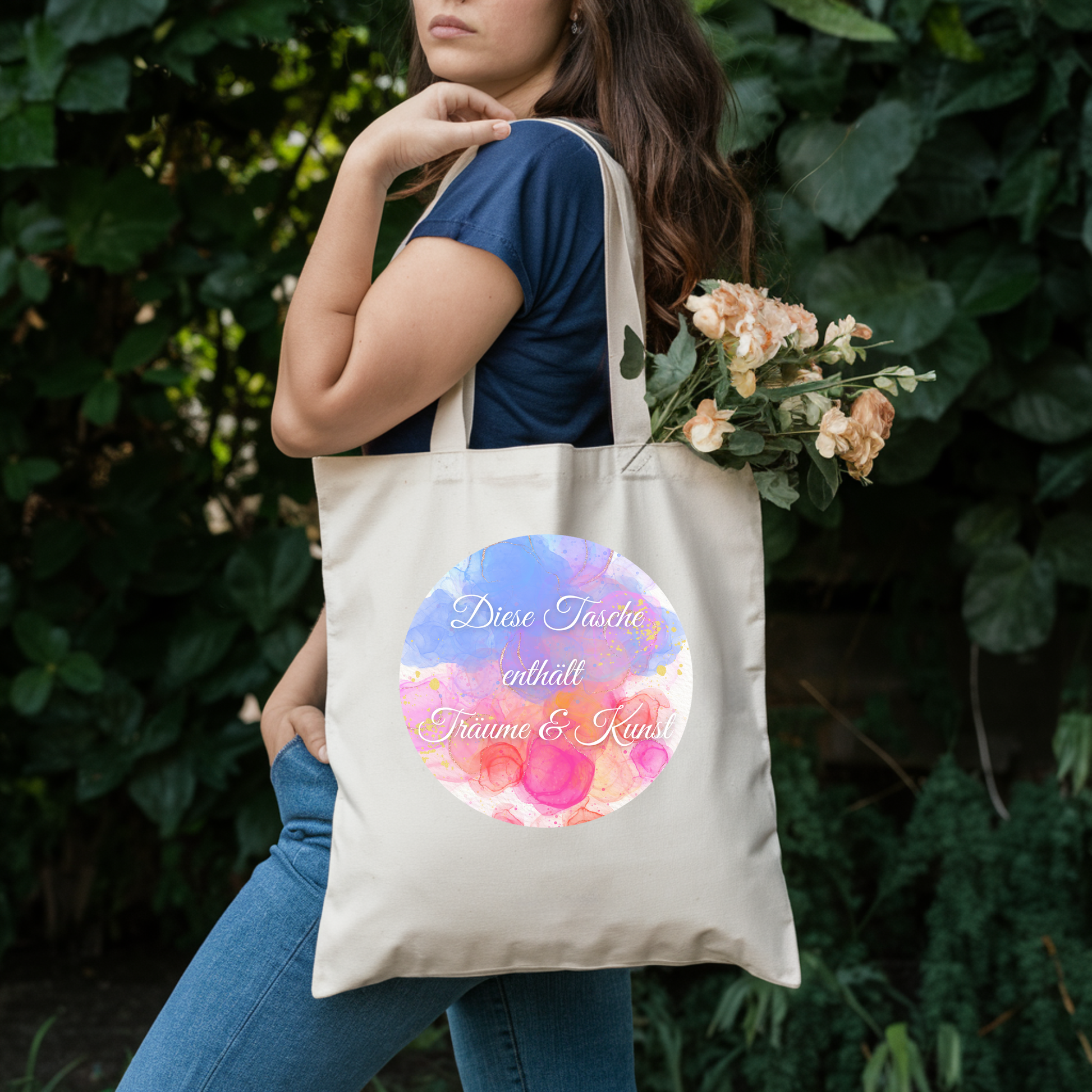 Stilvolle Tragetasche in Aquarelloptik mit inspirierender Botschaft, einzigartiges Design Tasche, Tragetasche für kreative Menschen