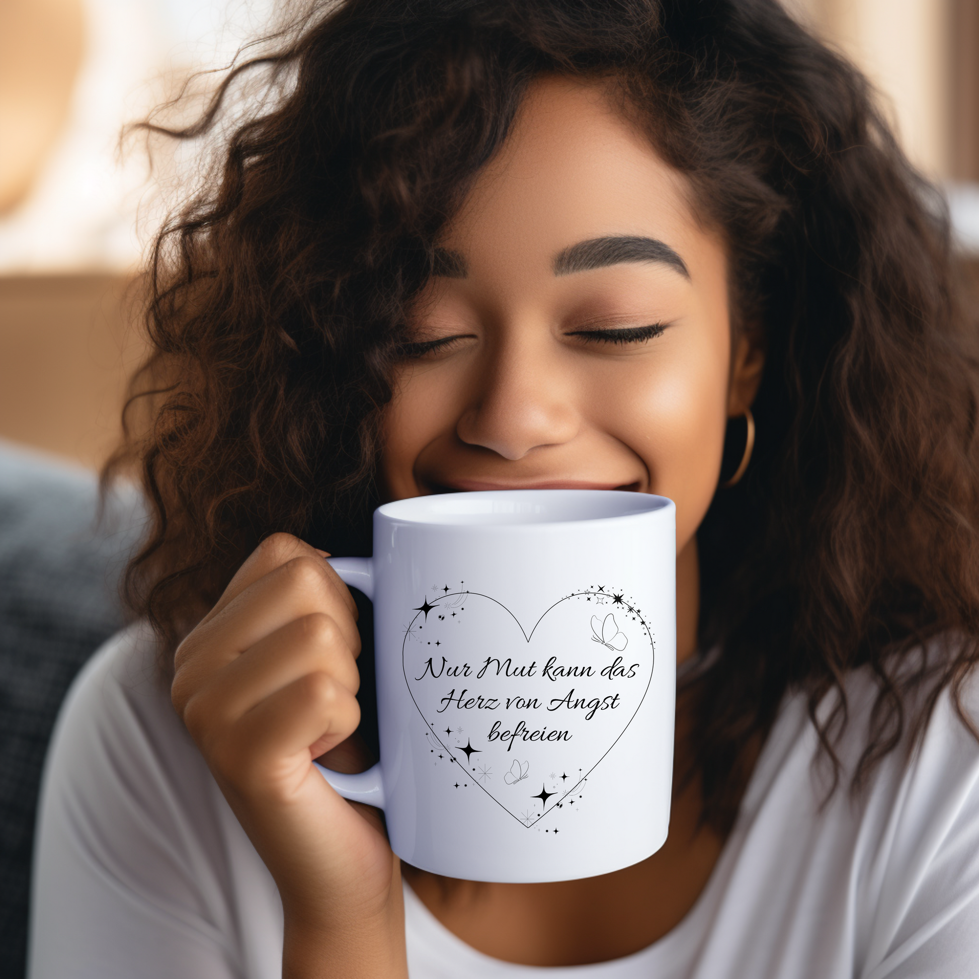 Keramiktasse mit liebevollen Motiv und Botschaft, Herzmotiv auf Tasse, Tasse im Lineart-Stil, Zitat für Mut Tasse