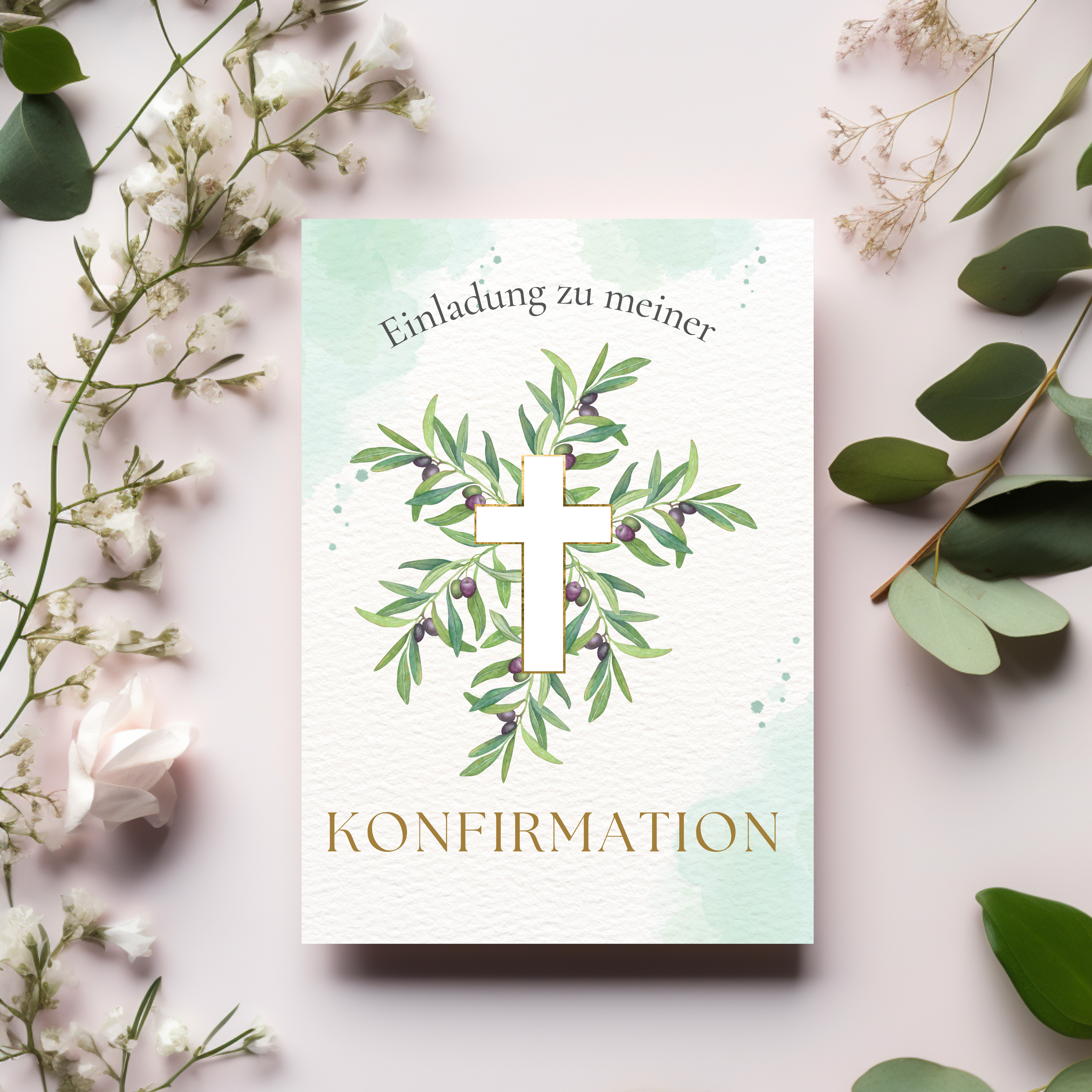 Stilvolle Konfirmationseinladungen, stilvolles Einladungskarten-Set Konfirmation, natürliches Design Konfirmationskarten, harmonisches Motiv