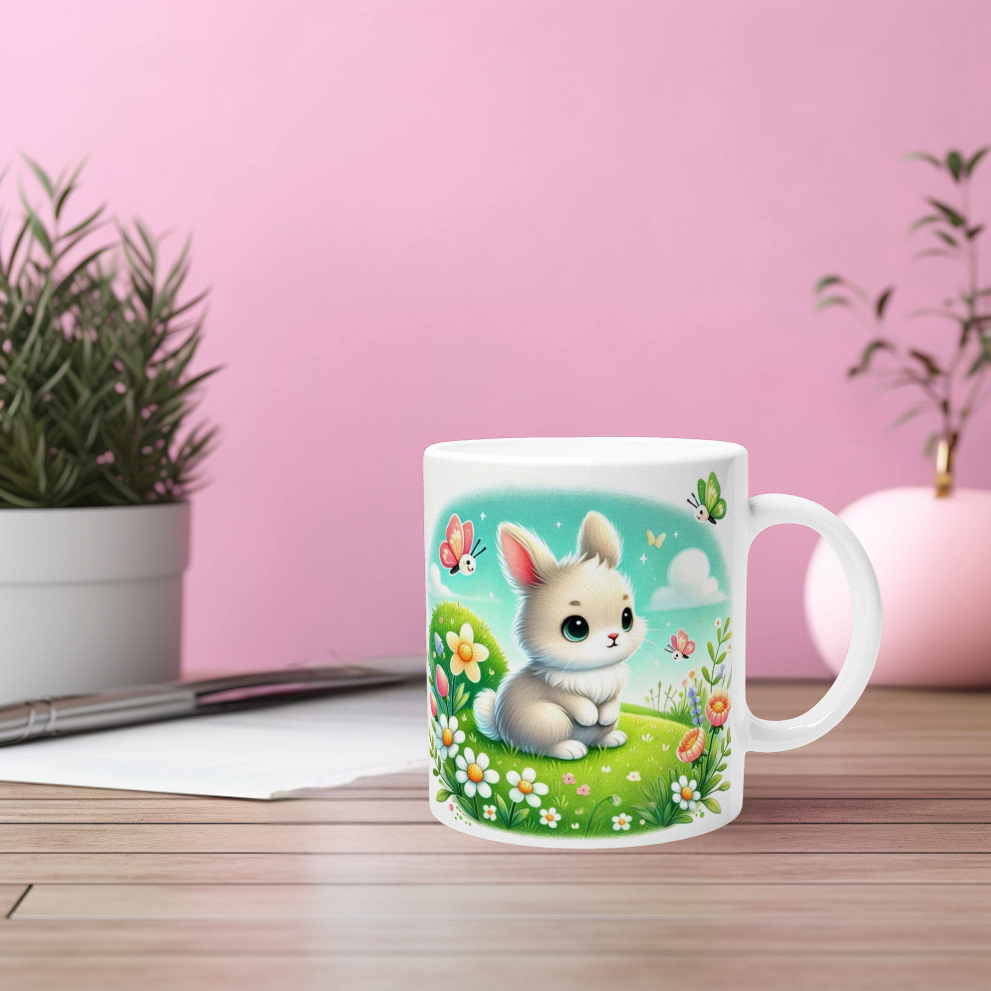 Liebevolle Häschen Tasse Frühling, bezaubernde Tasse mit süßen weißen Häschen, Frühlingshäschen Tasse, süße Geschenkidee, Frühlingstasse