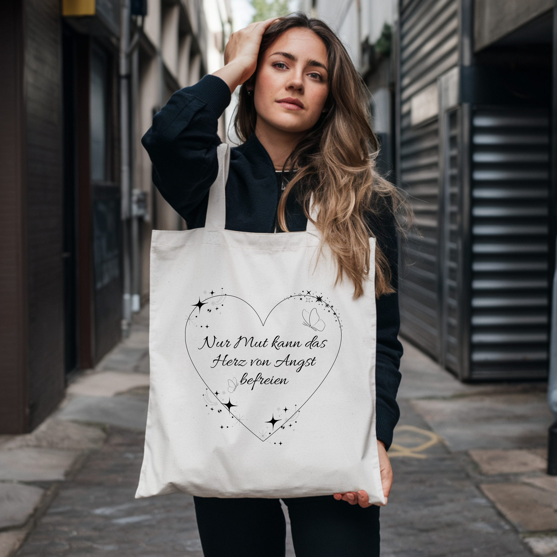 Wunderschöne Tragetasche mit Botschaft, Tragetasche mit Lineart-Design, Herz im Lineart-Stil, inspirierende Botschaft, stylischer Begleiter