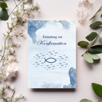 Modernes Einladungskarten-Set zur Konfirmation in Blau, Einladung zur Konfirmation, Einladungstext auf der Innenseite, christliche Symbolik