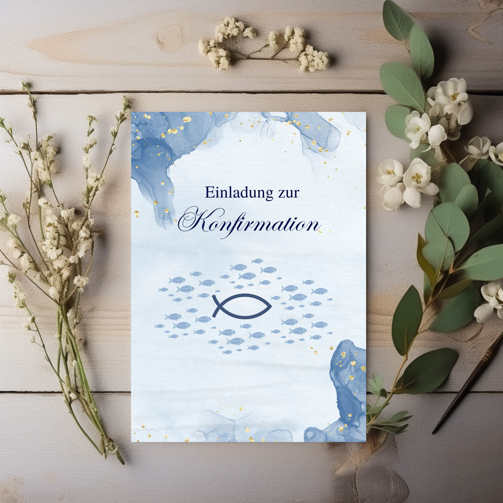 Modernes Einladungskarten-Set zur Konfirmation in Blau, Einladung zur Konfirmation, Einladungstext auf der Innenseite, christliche Symbolik