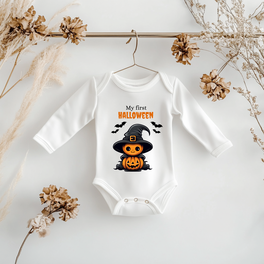 Weißer Langarm Baby-Strampler mit Halloween-Motiv: niedlicher Kürbis im Hexenkostüm mit Hut und Umhang, umgeben von Fledermäusen. Darüber der Schriftzug ‚My First Halloween‘.