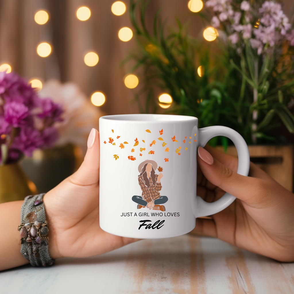 Weiße Keramiktasse mit Illustration einer stilvoll gekleideten Frau im herbstlichen Outfit, umgeben von fallenden orange-, rot- und braunfarbenen Blättern. Darunter der verspielte Schriftzug ‚Just a girl who loves fall‘.
