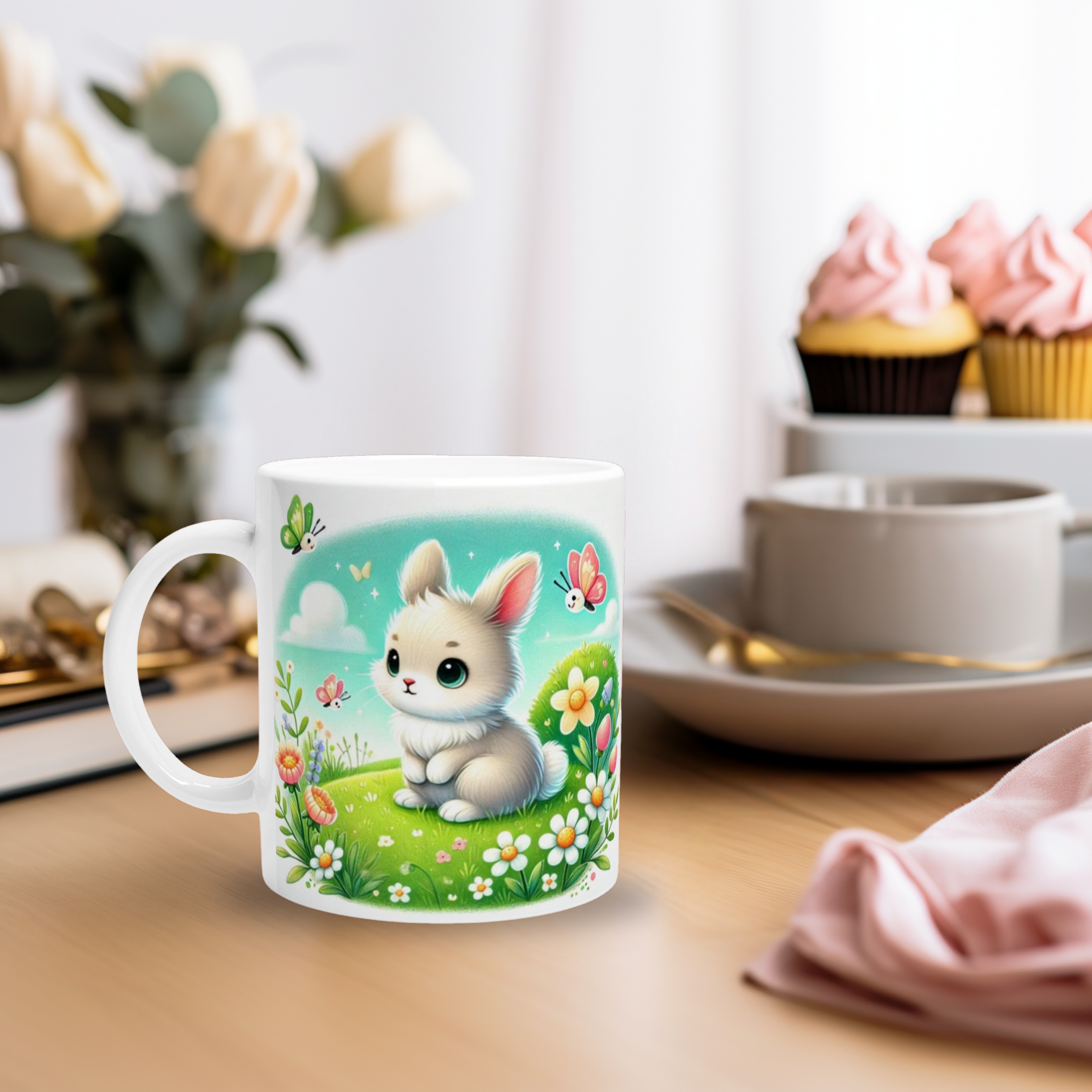 Liebevolle Häschen Tasse Frühling, bezaubernde Tasse mit süßen weißen Häschen, Frühlingshäschen Tasse, süße Geschenkidee, Frühlingstasse