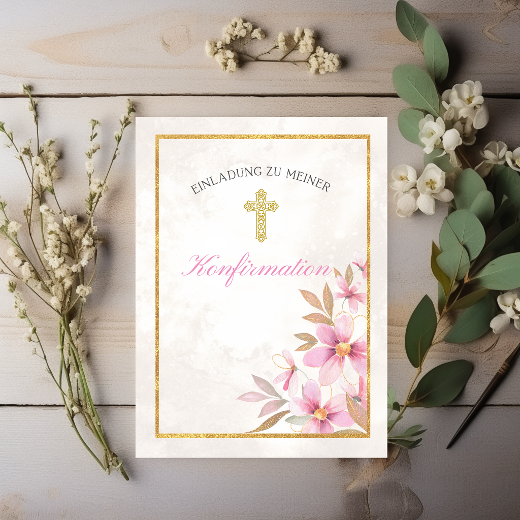 Schöne florale Konfirmationseinladungen im 10er-Set, Einladungskarten-Set Konfirmation, Konfirmation mit Stil, christliche Symbolik Karten