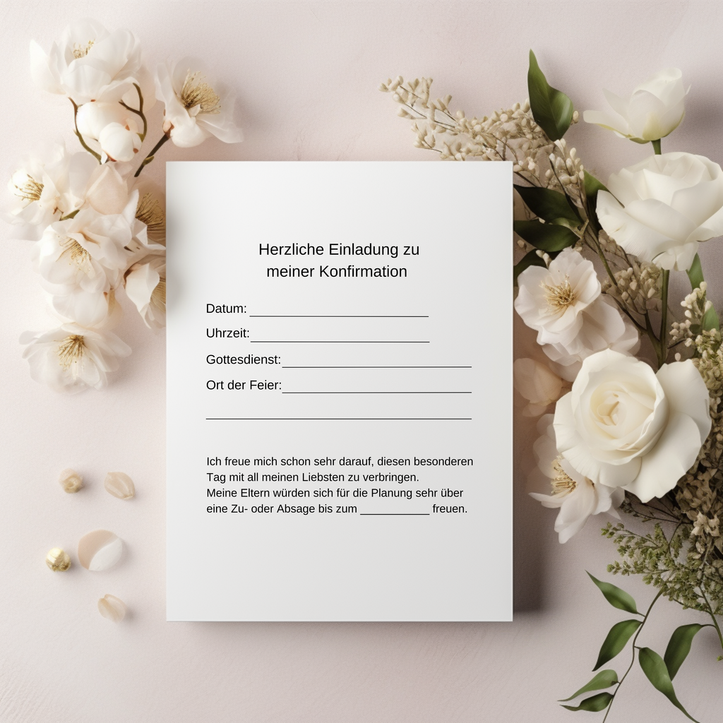 Stilvolles Einladungskarten-Set Konfirmation, schöne Einladungskarten zur Konfirmation, florales Design, Einladungstext auf der Innenseite