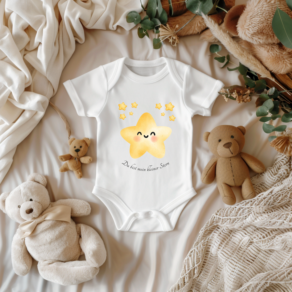 Sternchen Baby Strampler mit kleinen Sternen, Du bist mein kleiner Stern Strampler, Baby Body mit Sternen und liebevoller Aufschrift, liebevoll Babybekleidung