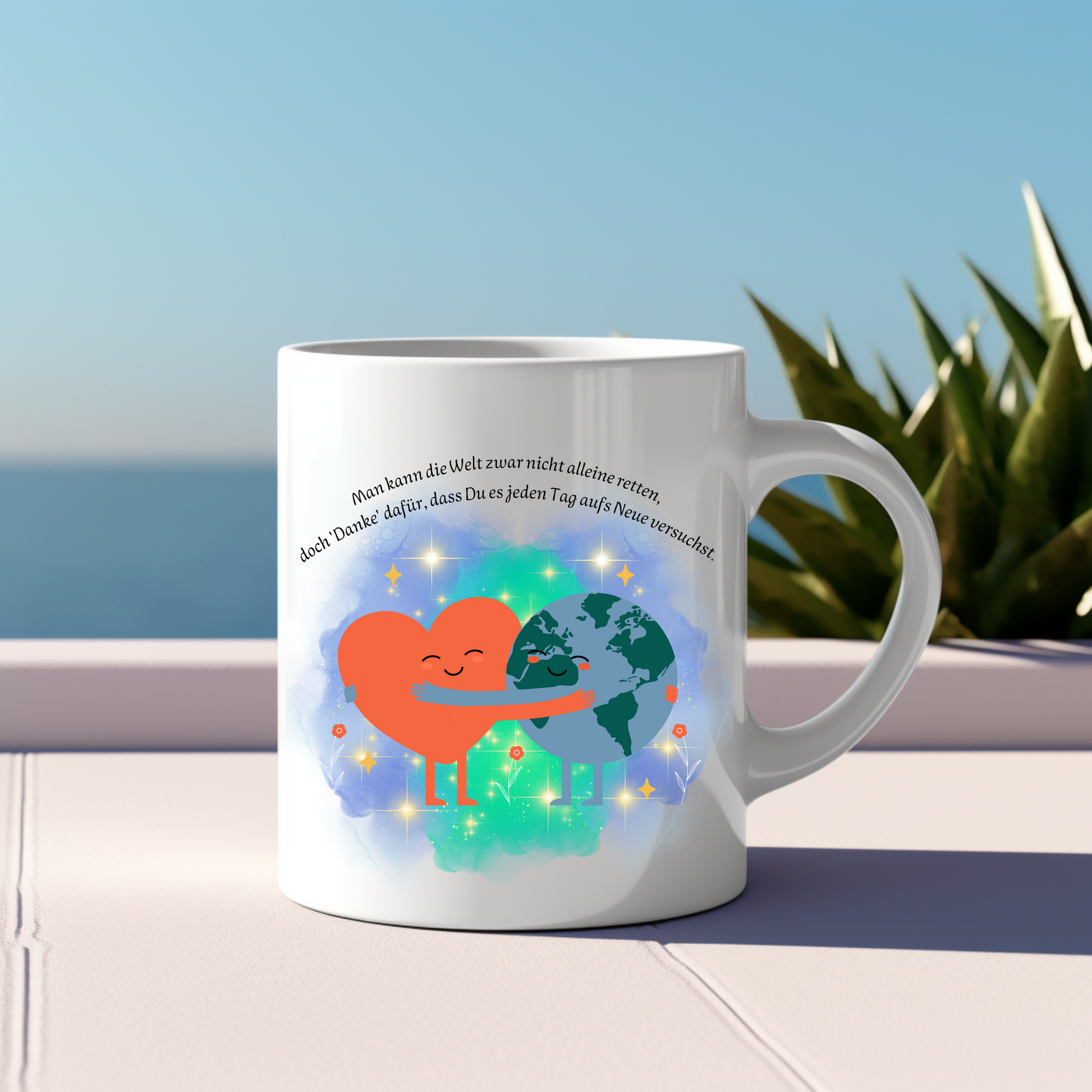 Liebevolle Tasse für Weltretter, schöne Danke-Tasse, inspirierende Botschaft, Geschenk für Alltagshelden, Herz und Weltkugel