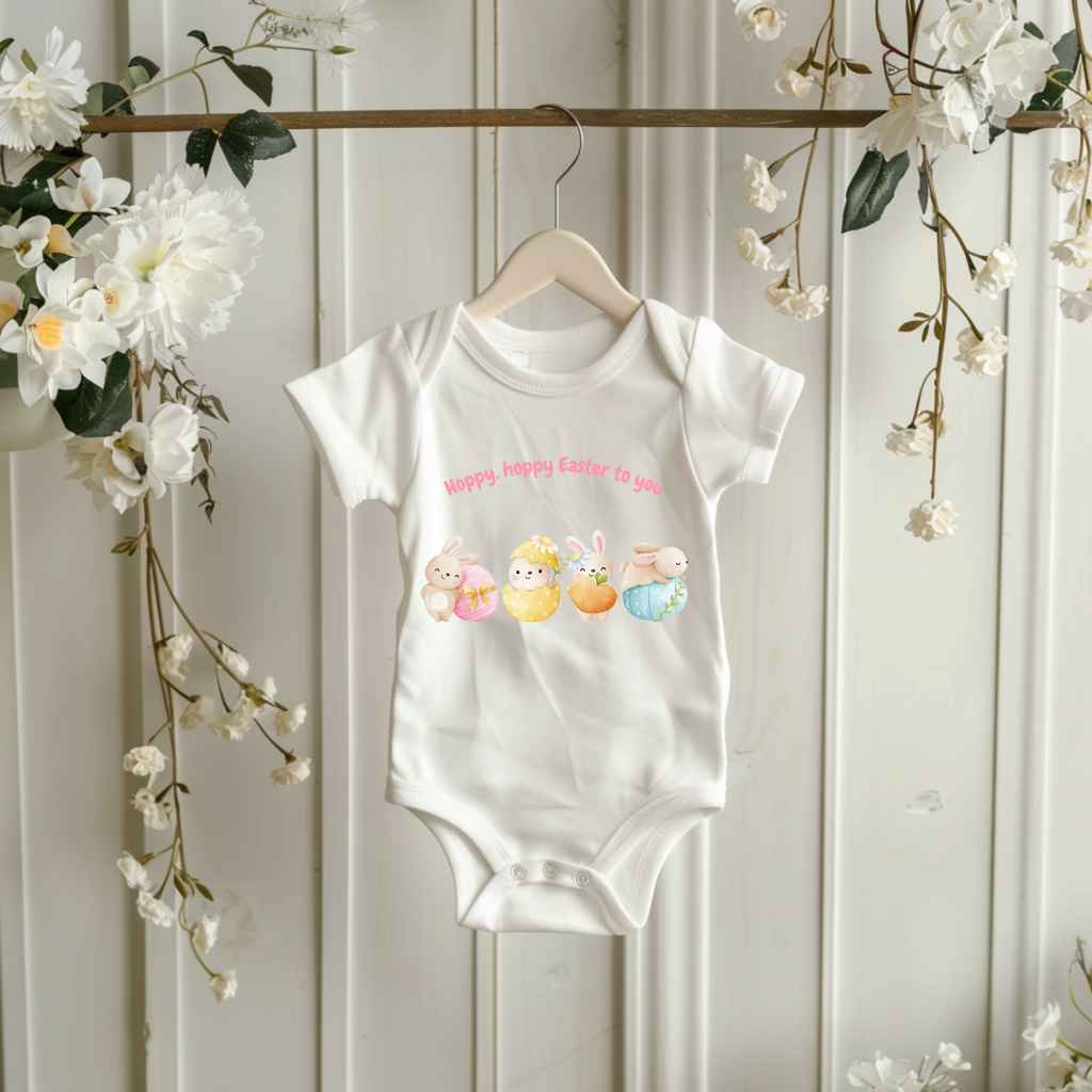 Baby Strampler mit niedlichen Häschen, Hoppy hoppy Easter to you Strampler, erstes Osterfest, süßes Geschenk Baby, Strampler mit Osterhasen