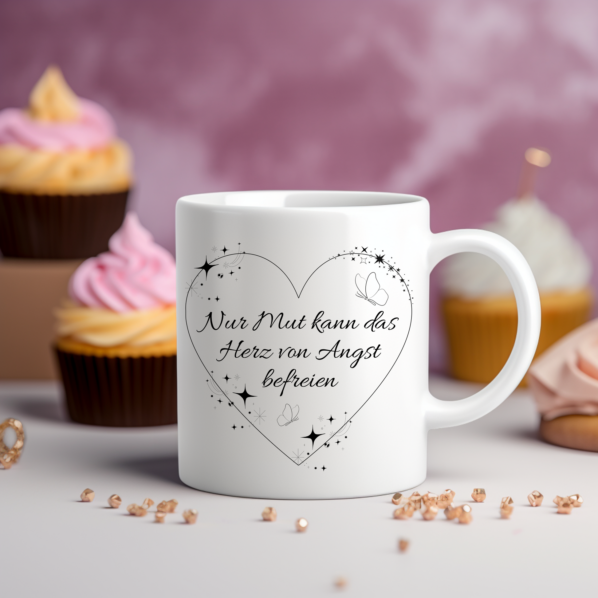 Keramiktasse mit liebevollen Motiv und Botschaft, Herzmotiv auf Tasse, Tasse im Lineart-Stil, Zitat für Mut Tasse