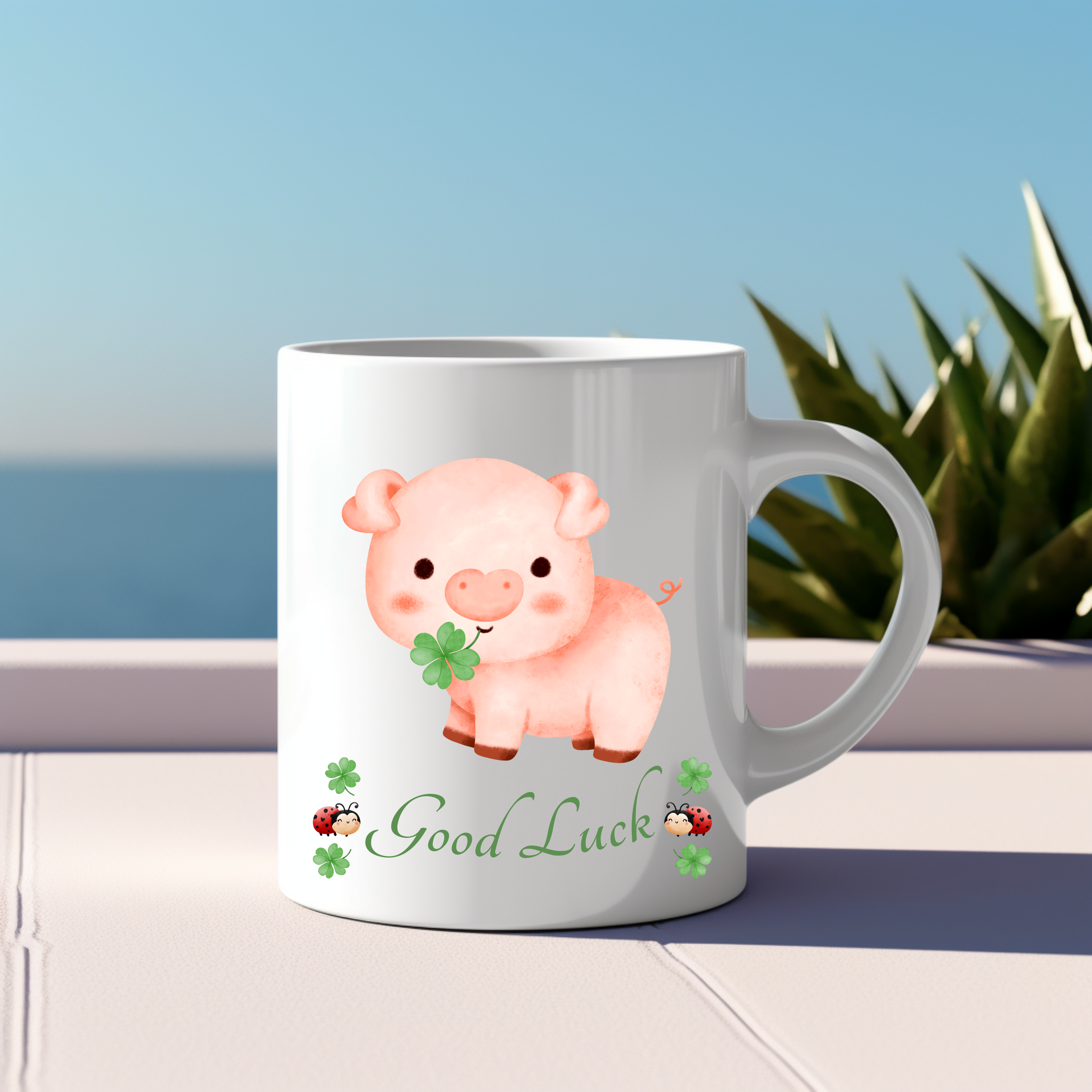 Tasse mit Glücksschwein, Good Luck, Glückstasse, Tasse mit Kleeblätter, Frühstückstasse, Marienkäfer, Viel Glück Tasse