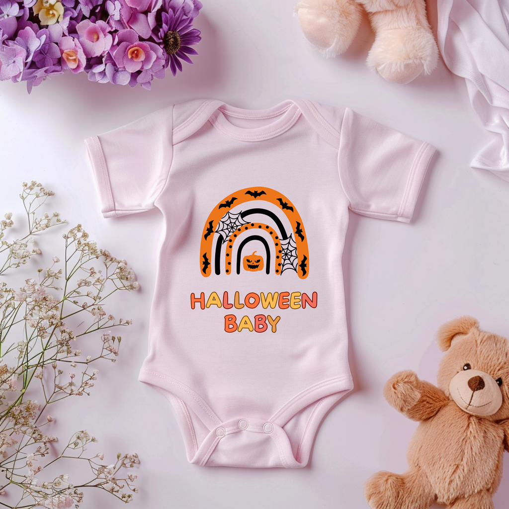 Rosa Baby-Strampler mit Halloween-Motiv: bunter Regenbogen in Orange- und Schwarztönen, darunter der Schriftzug ‚Halloween Baby‘.