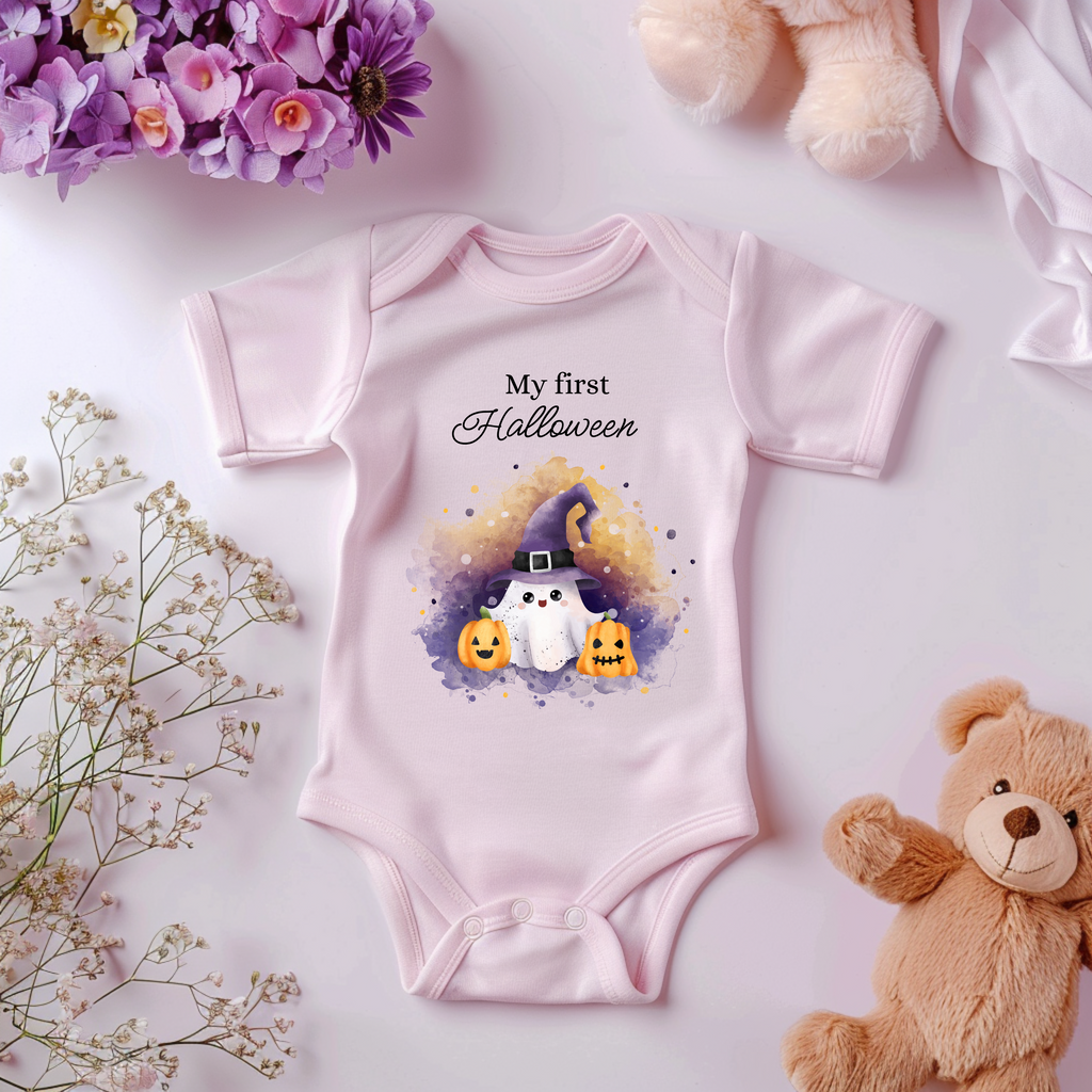 Rosa Baby-Strampler mit Halloween-Motiv: süßer kleiner Geist mit Hexenhut, umgeben von Kürbissen. Darüber der Schriftzug ‚My First Halloween‘ – perfekt für das erste Halloween.

