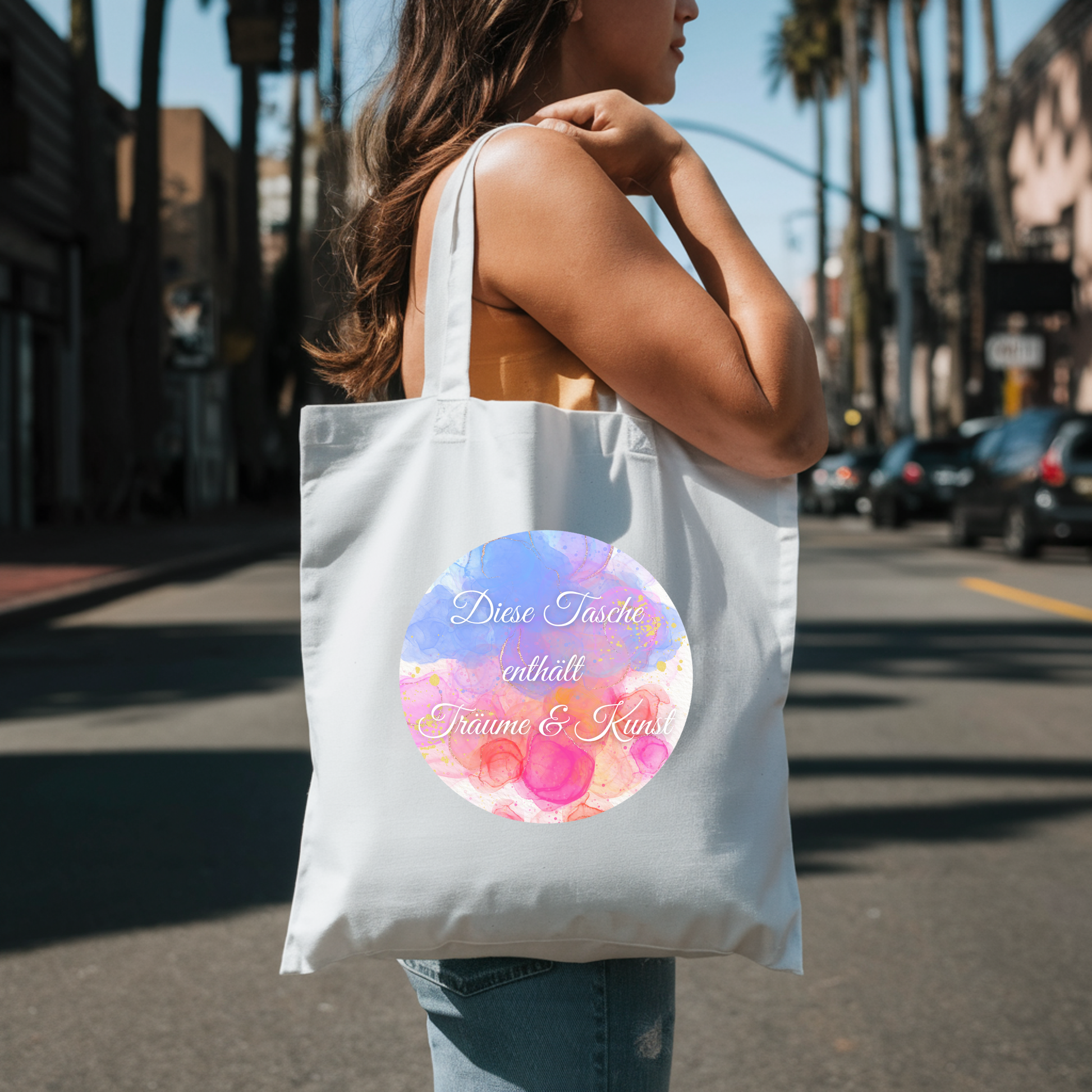Stilvolle Tragetasche in Aquarelloptik mit inspirierender Botschaft, einzigartiges Design Tasche, Tragetasche für kreative Menschen