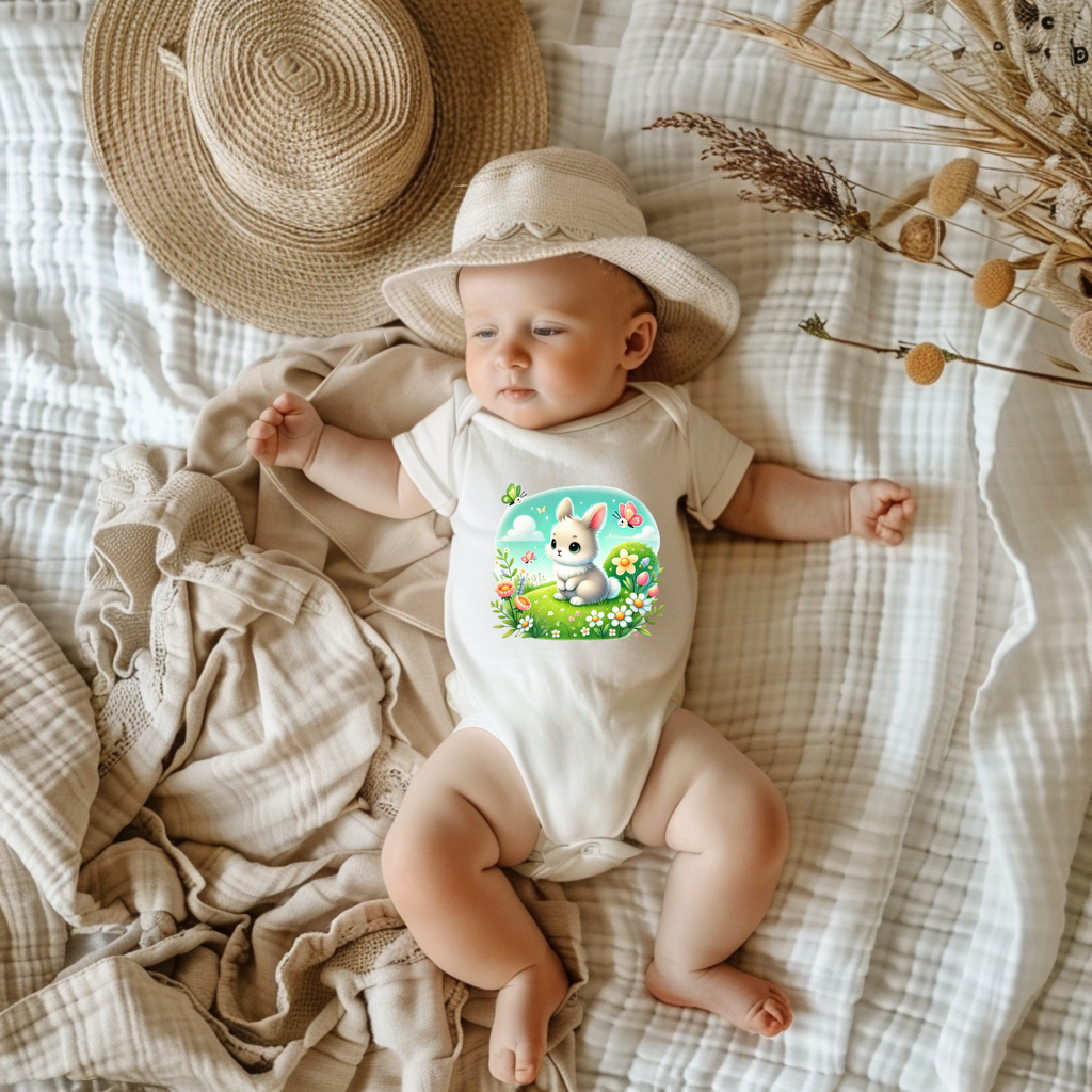 Hinreißender Baby-Strampler mit niedlichen Frühlingshäschen, süßes Geschenk Baby, Strampler mit niedlichen Frühlingshäschen