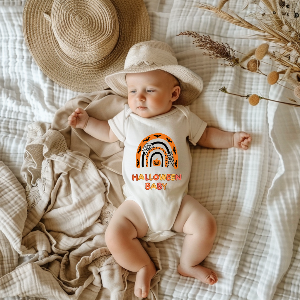 Weißer Kurzarm Baby-Strampler mit Halloween-Motiv: bunter Regenbogen in Orange- und Schwarztönen, darunter der Schriftzug ‚Halloween Baby‘.