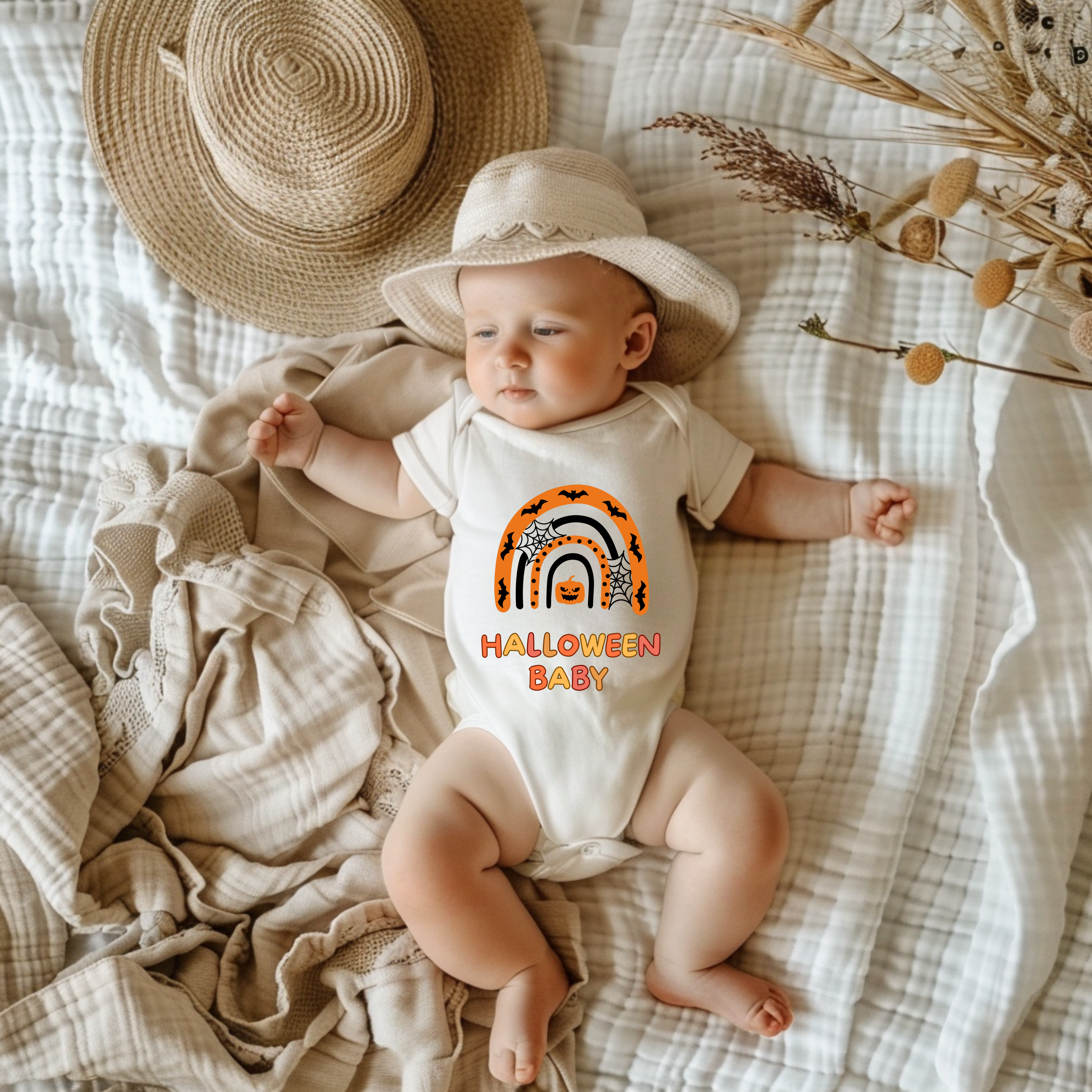 Weißer Kurzarm Baby-Strampler mit Halloween-Motiv: bunter Regenbogen in Orange- und Schwarztönen, darunter der Schriftzug ‚Halloween Baby‘.