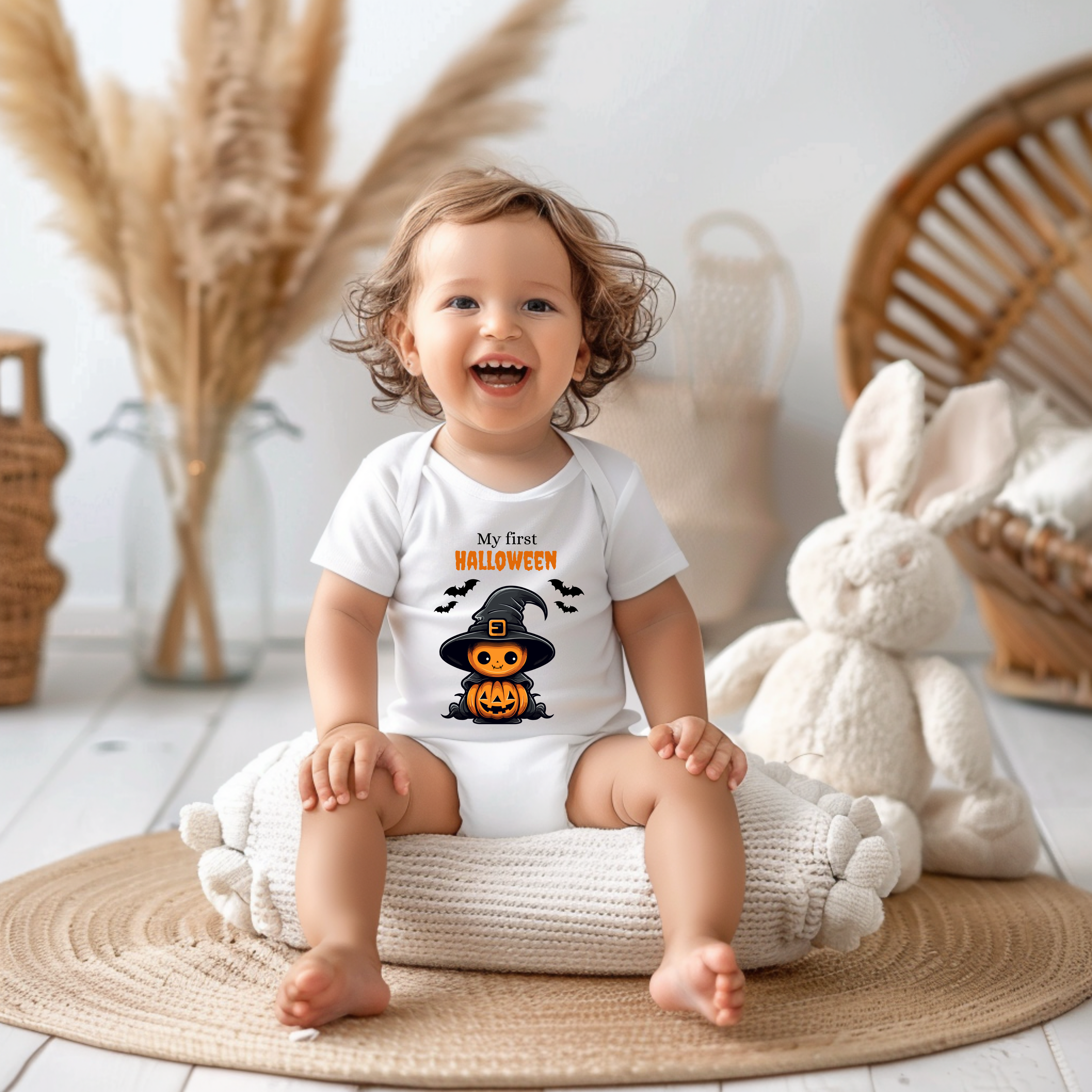 Weißer Baby-Strampler mit Halloween-Motiv: niedlicher Kürbis im Hexenkostüm mit Hut und Umhang, umgeben von Fledermäusen. Darüber der Schriftzug ‚My First Halloween‘.