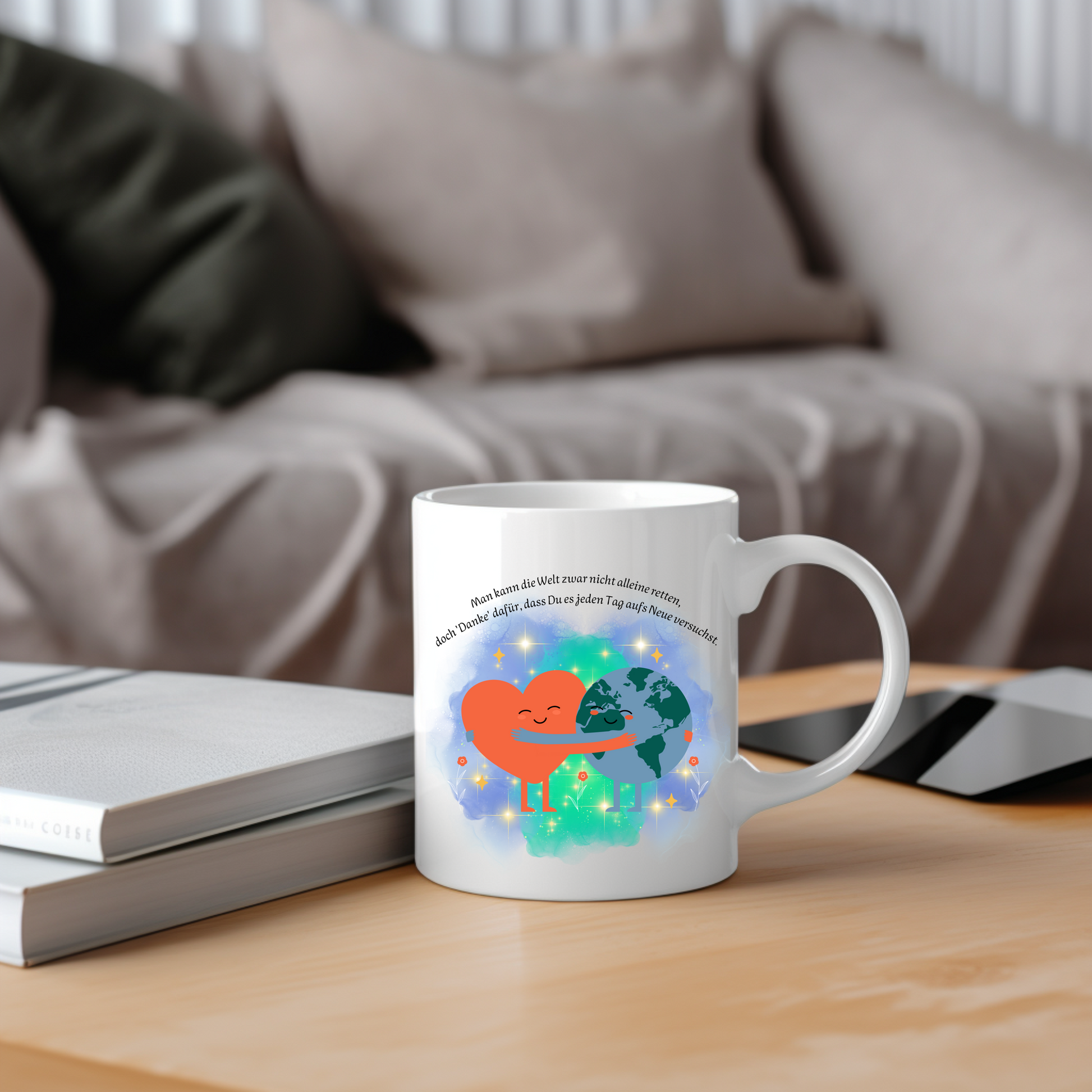 Liebevolle Tasse für Weltretter, schöne Danke-Tasse, inspirierende Botschaft, Geschenk für Alltagshelden, Herz und Weltkugel
