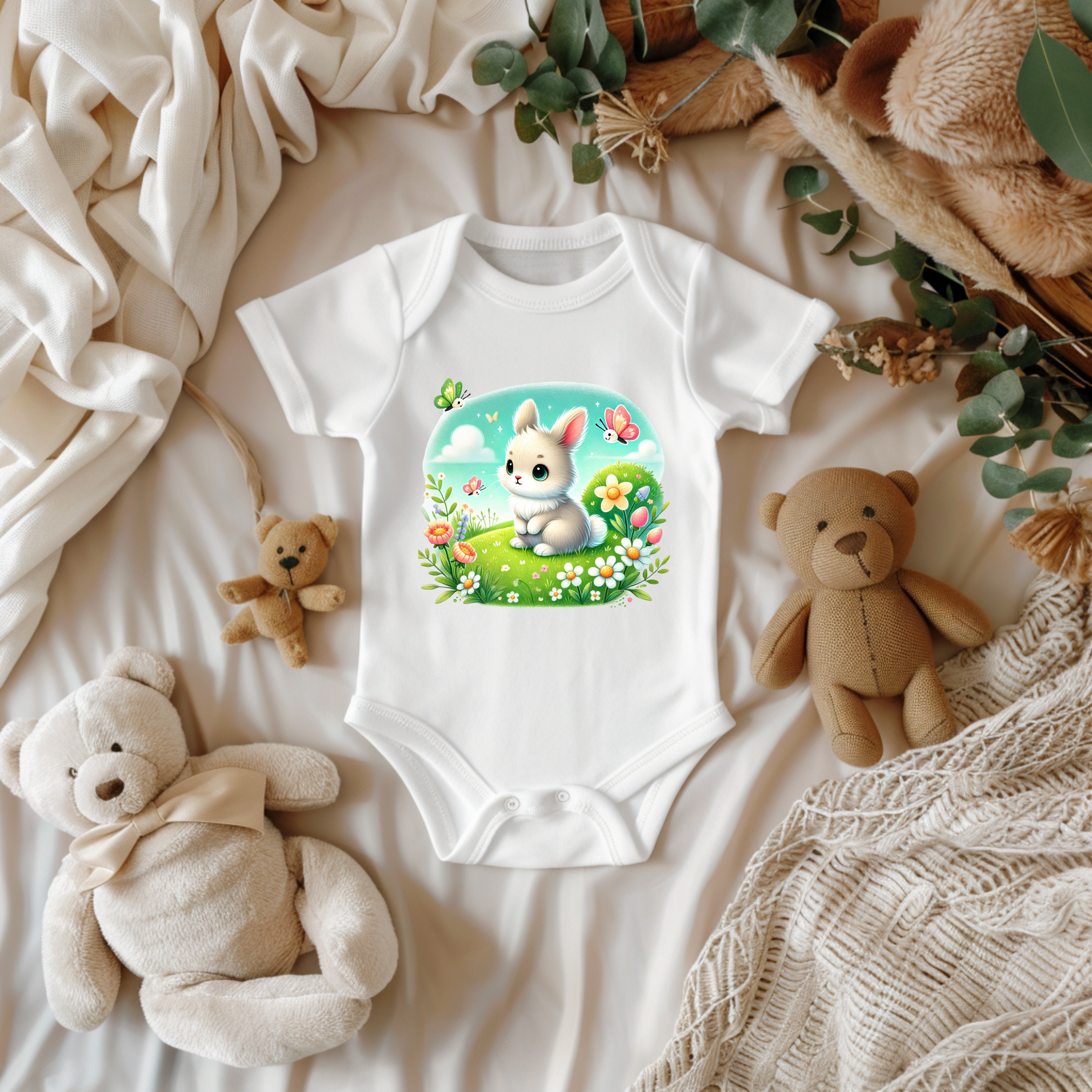 Hinreißender Baby-Strampler mit niedlichen Frühlingshäschen, süßes Geschenk Baby, Strampler mit niedlichen Frühlingshäschen